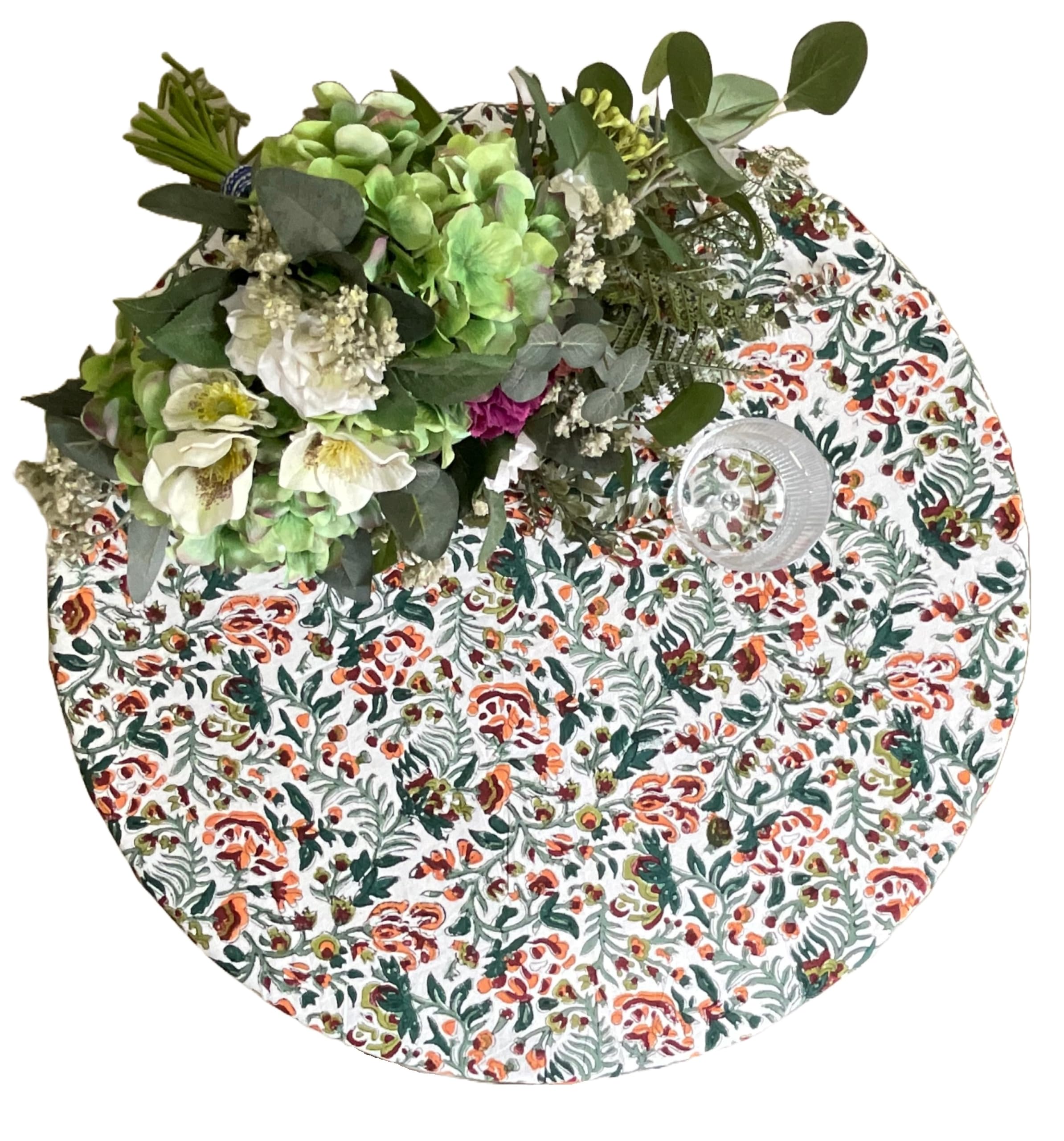 ATOSII Ambrosia Green 100% Cotton Round Tablecloth, Handblock Print Floral Table Cloth for Kitchen Dining Linen I Weddings, Outd