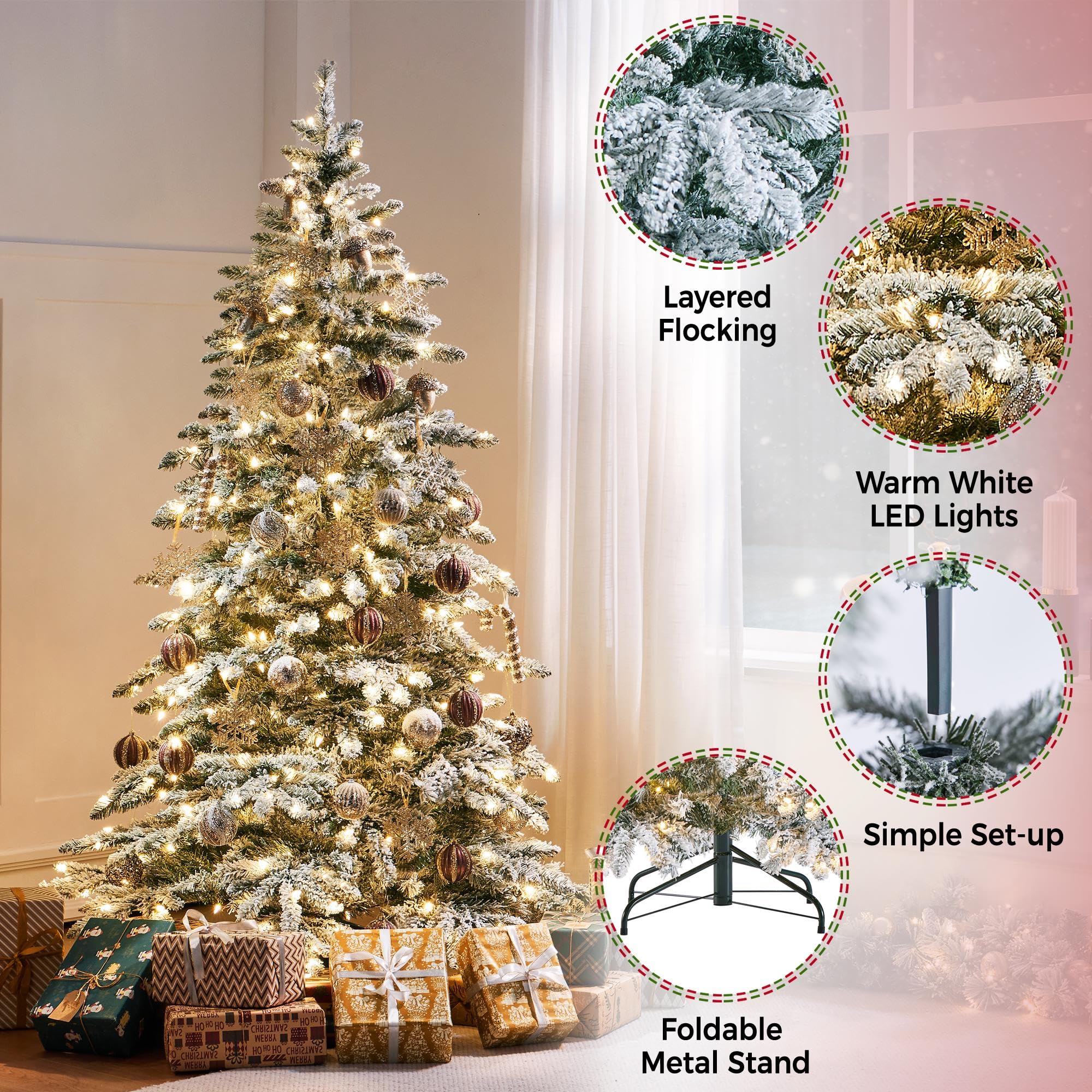 Yaheetech 6ft Pre-Lit Christmas Fir Tree with 400 Warm LED Lights & 940 PVC Tips,Hinged Holiday Decorative Tree with Foldable St