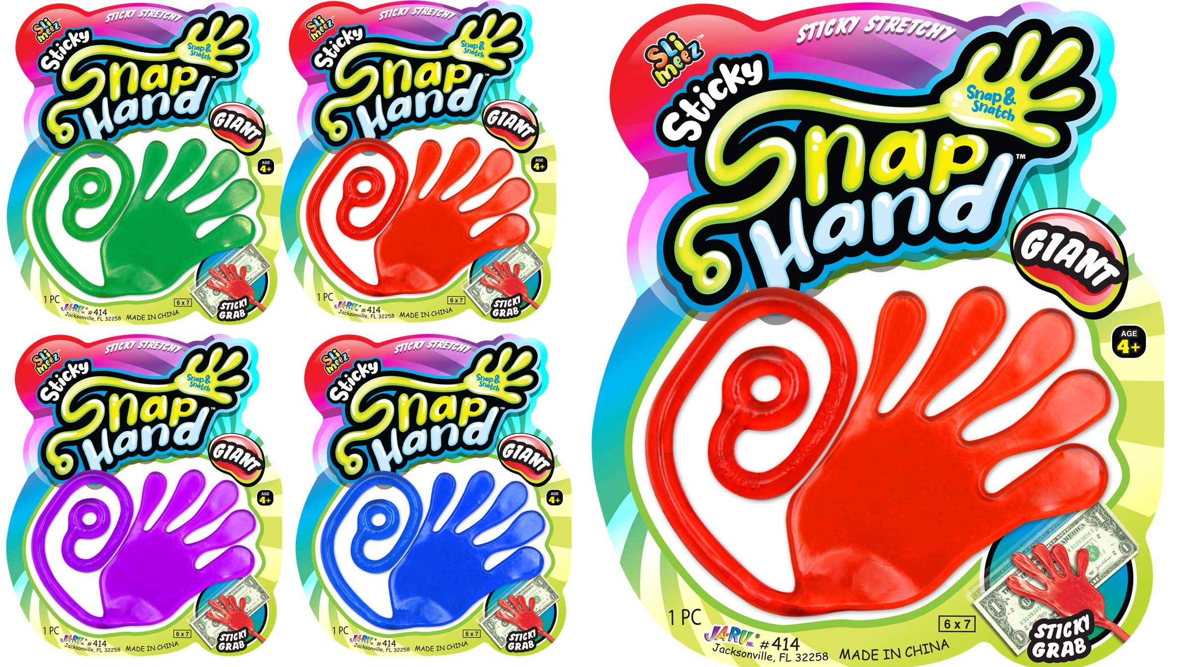 Fun A Ton Giant Snap Hand-Jumbo Sticky Hands Toy (4 Pack Assorted) Large Stretchy Sticky Hands Toy For Kids. Party Favors, Class