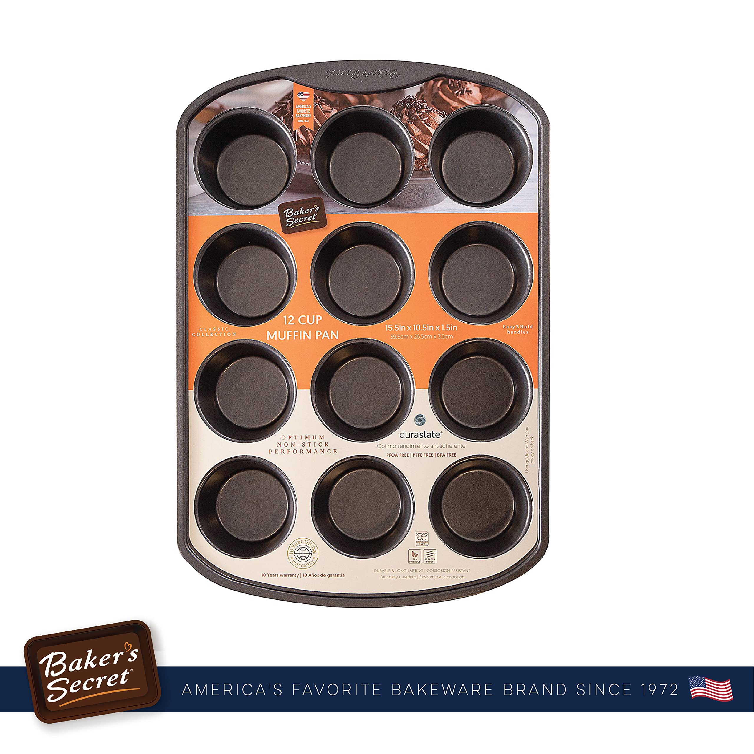 Baker's Secret Nonstick 12-Cup Muffin Pan - Carbon Steel, Dark Gray, Easy Release, Dishwasher Safe, Model BS10007
