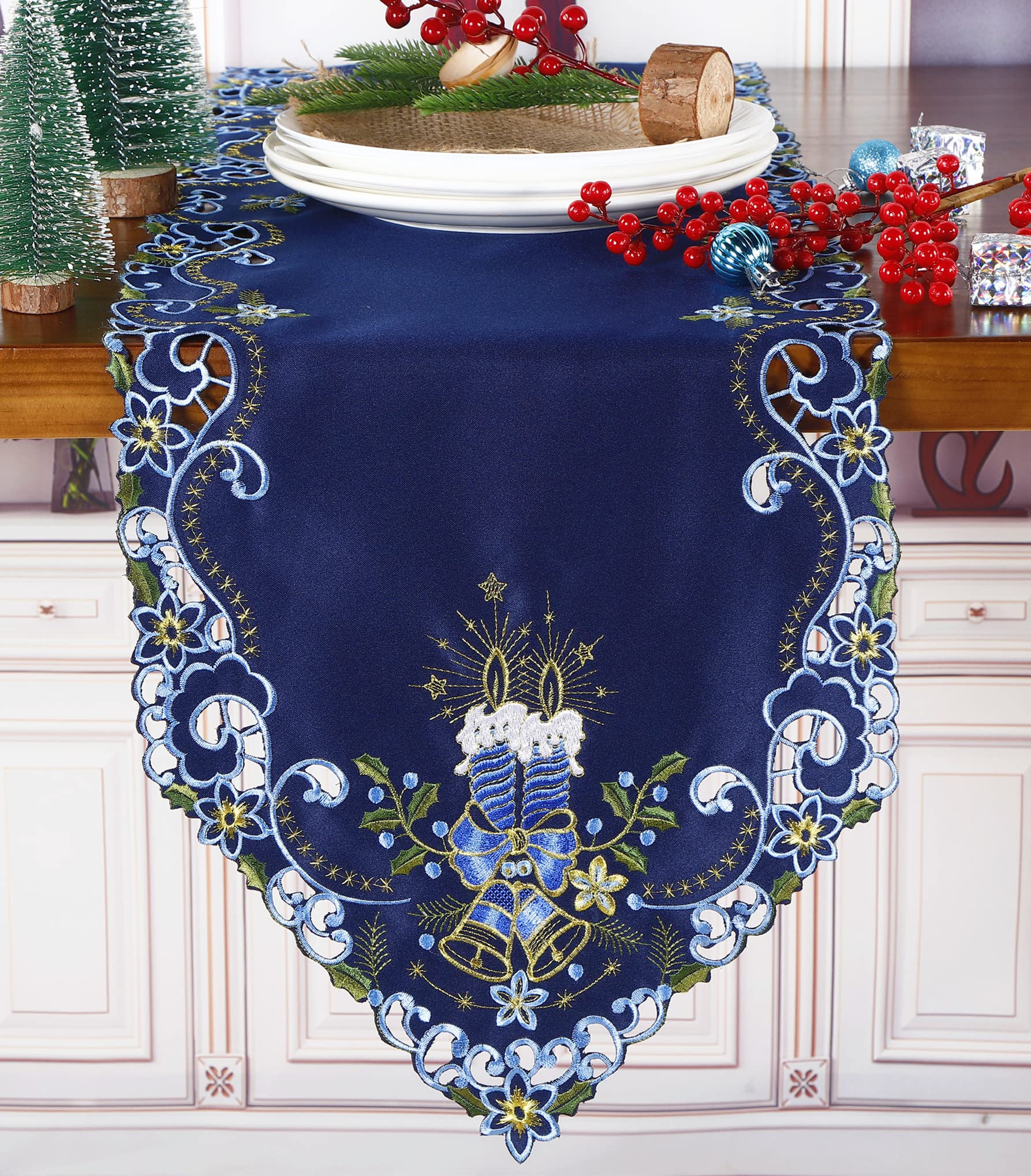Holiday Christmas Table Runner, Cutwork Embroidered Floral Blue Christmas Candles And Dark Blue Fabric Dresser Scarf Table Toppe