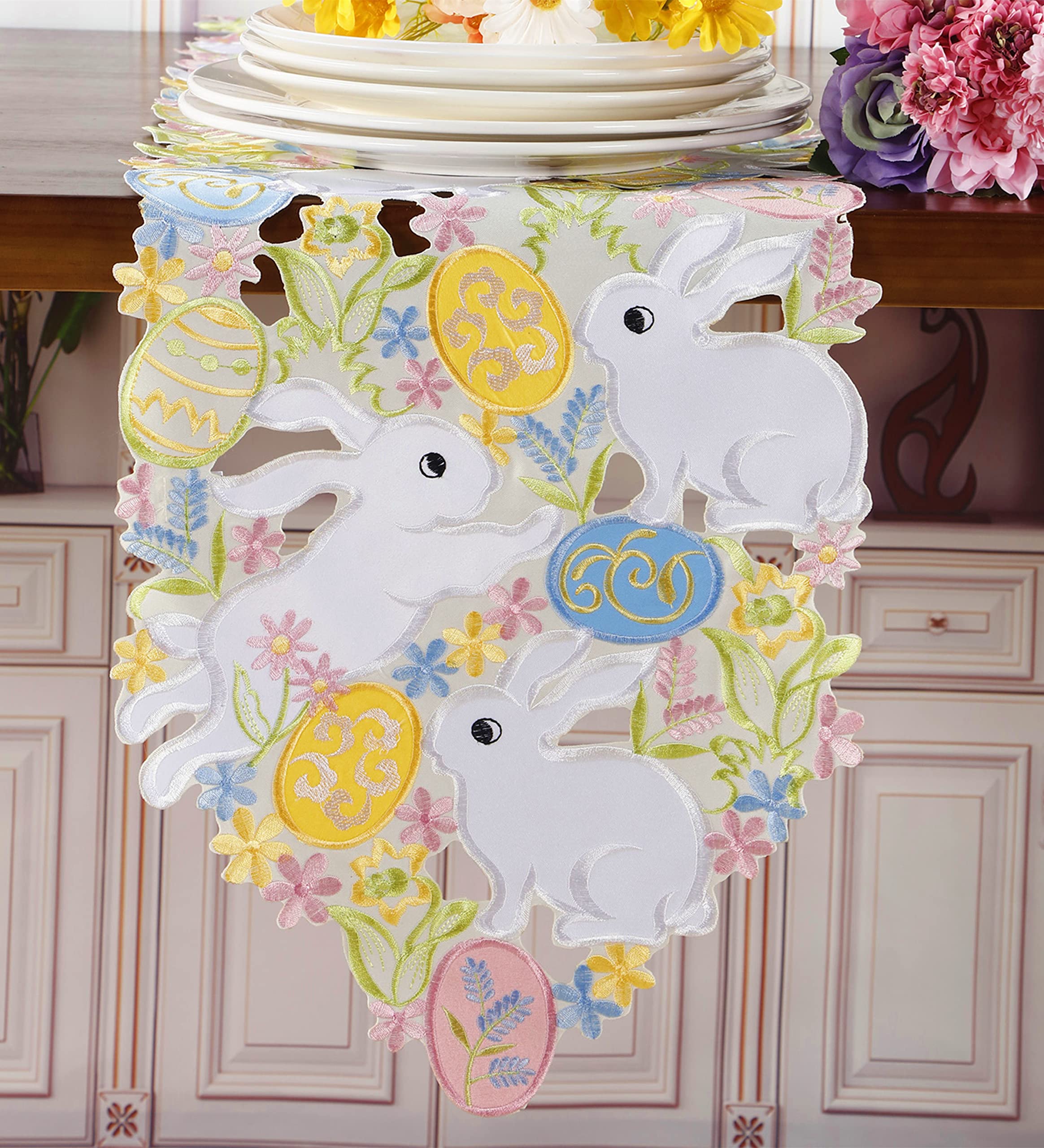 Easter Table Runner Spring Bunnys Flowery Table Runner Cutwork Embroidered Floral And Bunnys Dresser Scarf Table Topper Home Kit