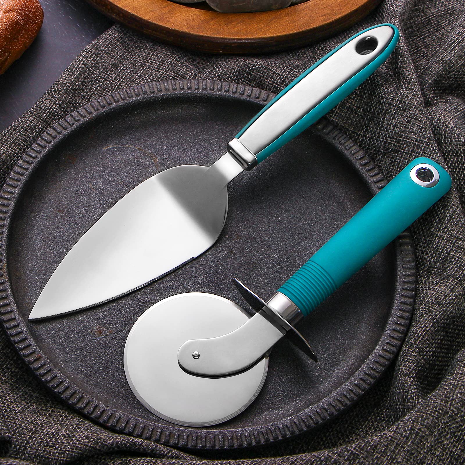 Webake Pizza Cutter Wheel Pie Serve Set, Large Pizza Slicer Stainless Steel Pie Cake Cutter With Non-Slip Green Handle, Ideal Fo