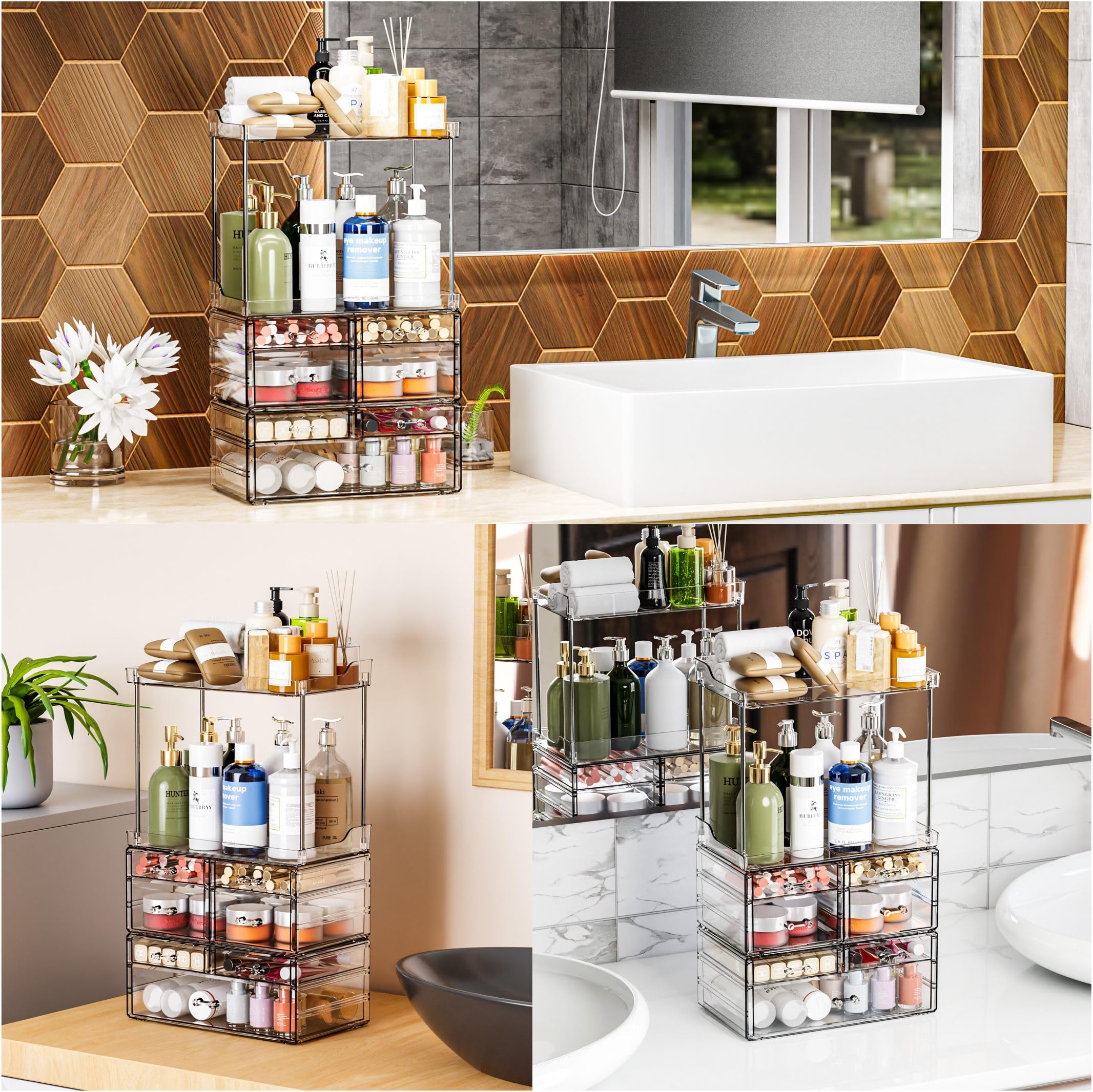 3 Pack Bathroom Organizers And Storage Countertop With 7 Drawers,Stackable Vanity Top Organizer,18.9'' Tall Large Capacity Skin