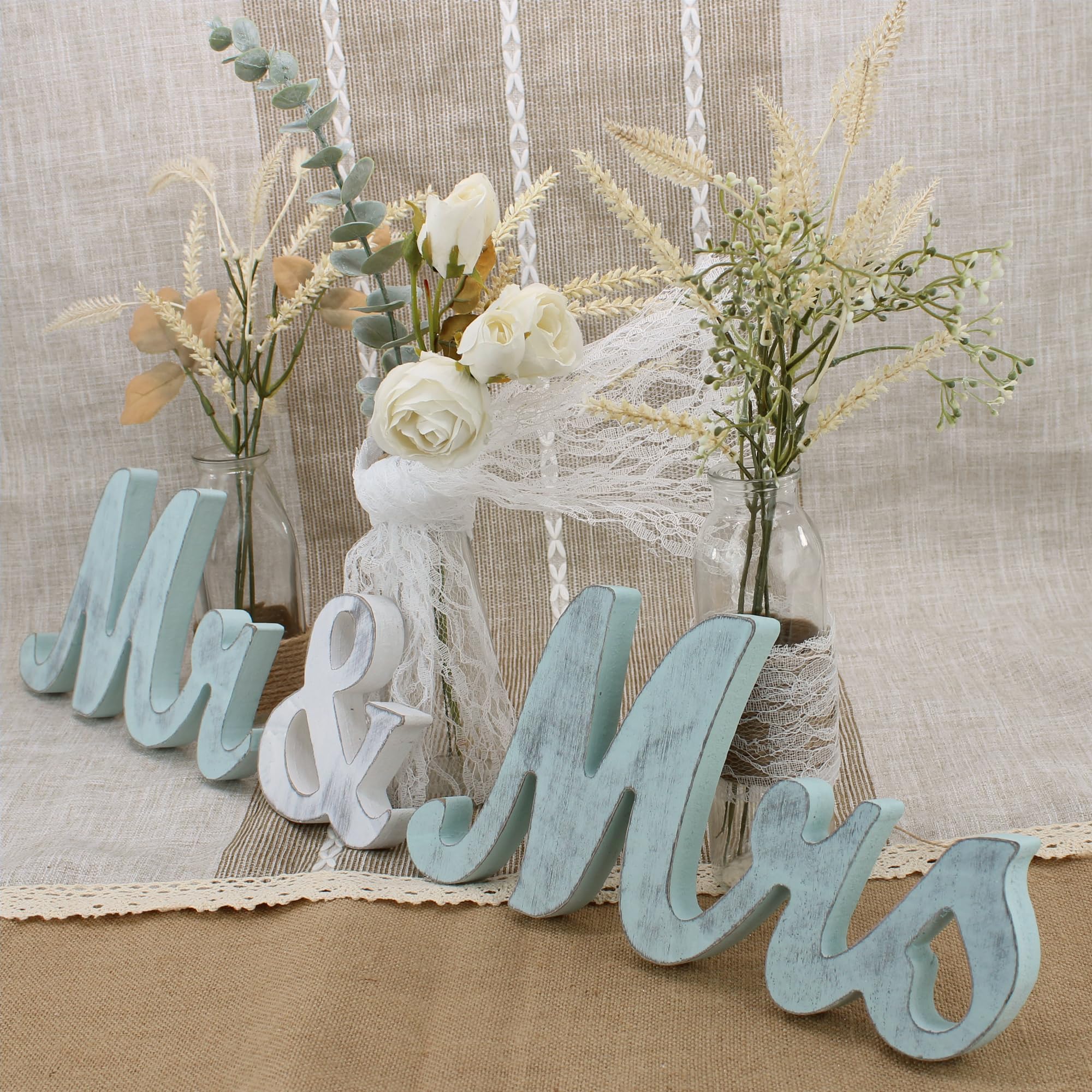 Mr. & Mrs. Wooden Letters, Just Married Banner and Mister & Miss Wood Sign, Wedding Decor (Rustic Blue)