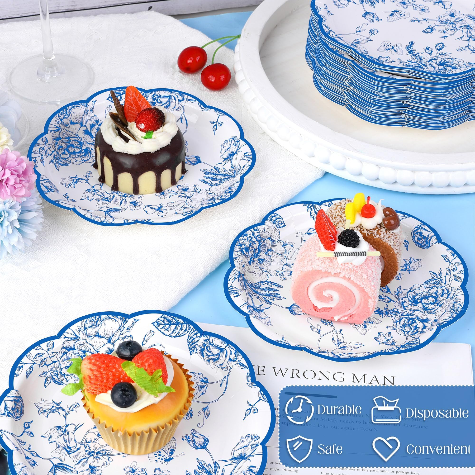 Kochorie 150 Pieces Blue Flower Paper Plates 7 Inches Disposable Floral Paper Plates Scalloped Blue Chinoiserie Vintage Flower D