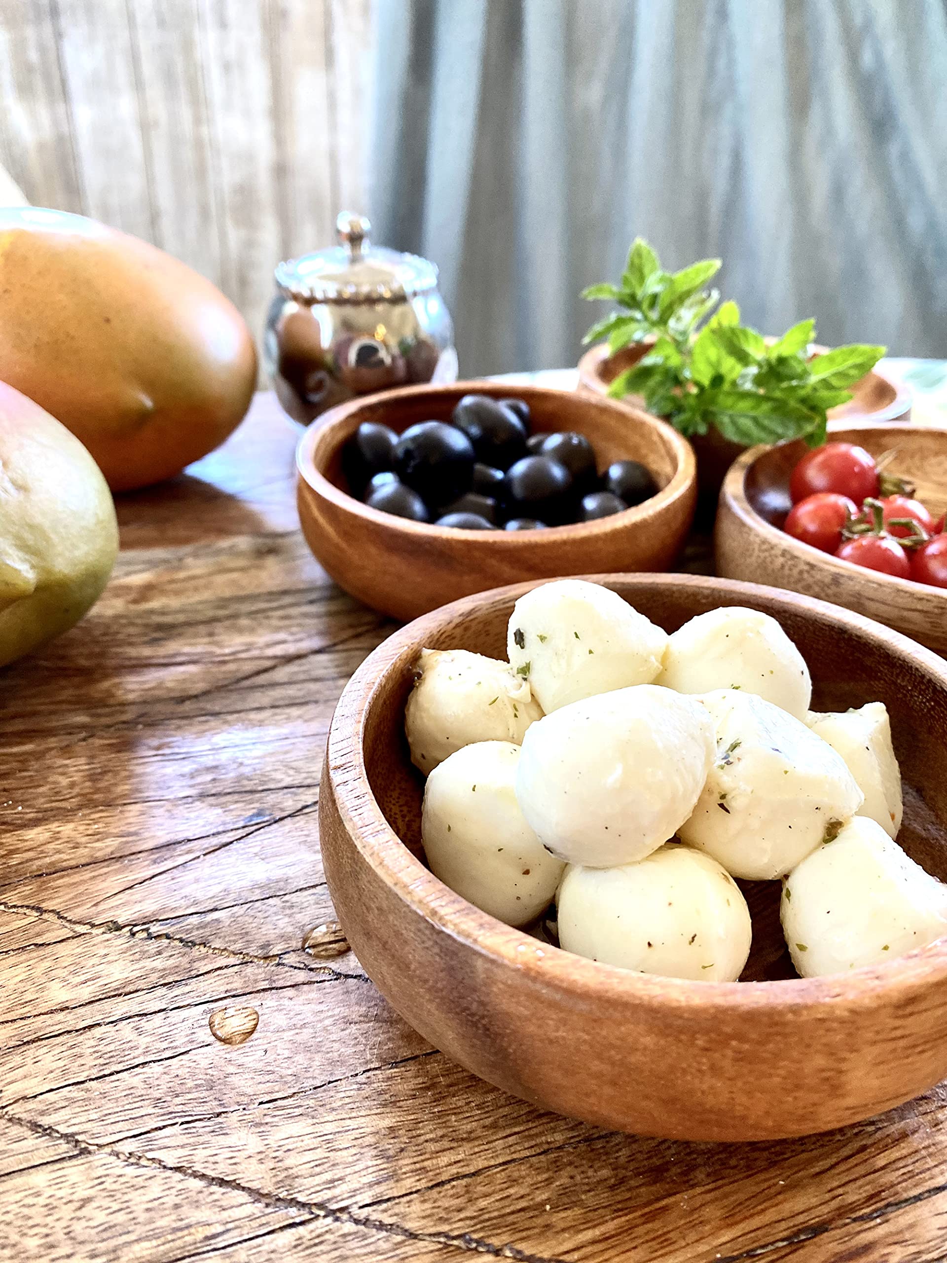 Acacia Wood Hand-Carved Small Bowls Round 4'' Set Of 4 For Condiments, Sauce, Nuts, Olives, Dips And Food Prep (6Oz)