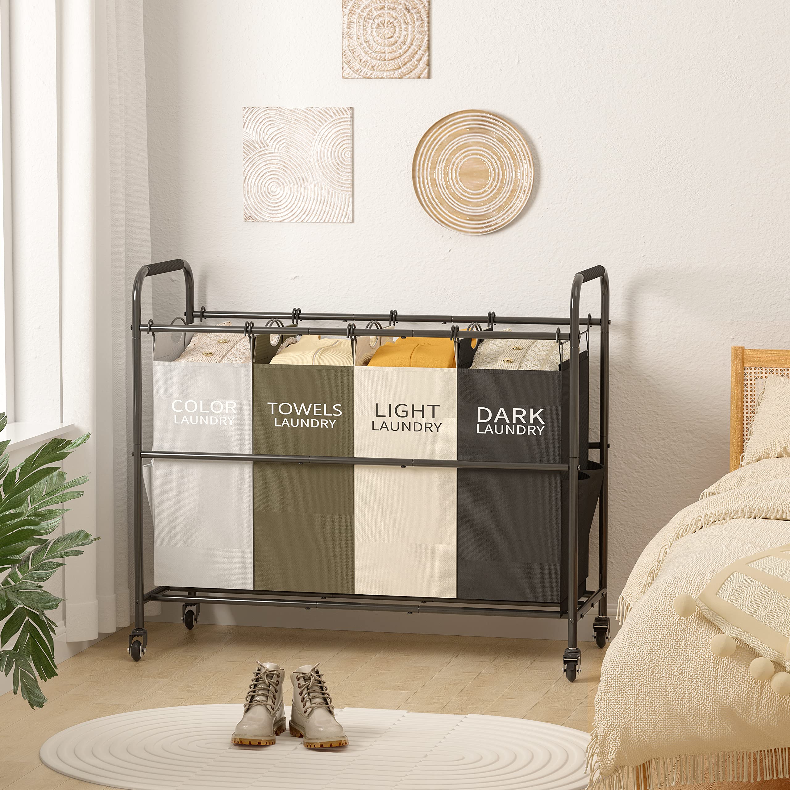 Tajsoon 4 Bag Laundry Sorter Cart  Laundry Hamper Sorter Basket with Heavy Duty Lockable Rolling Wheels for Clothes Storage  4 Colors