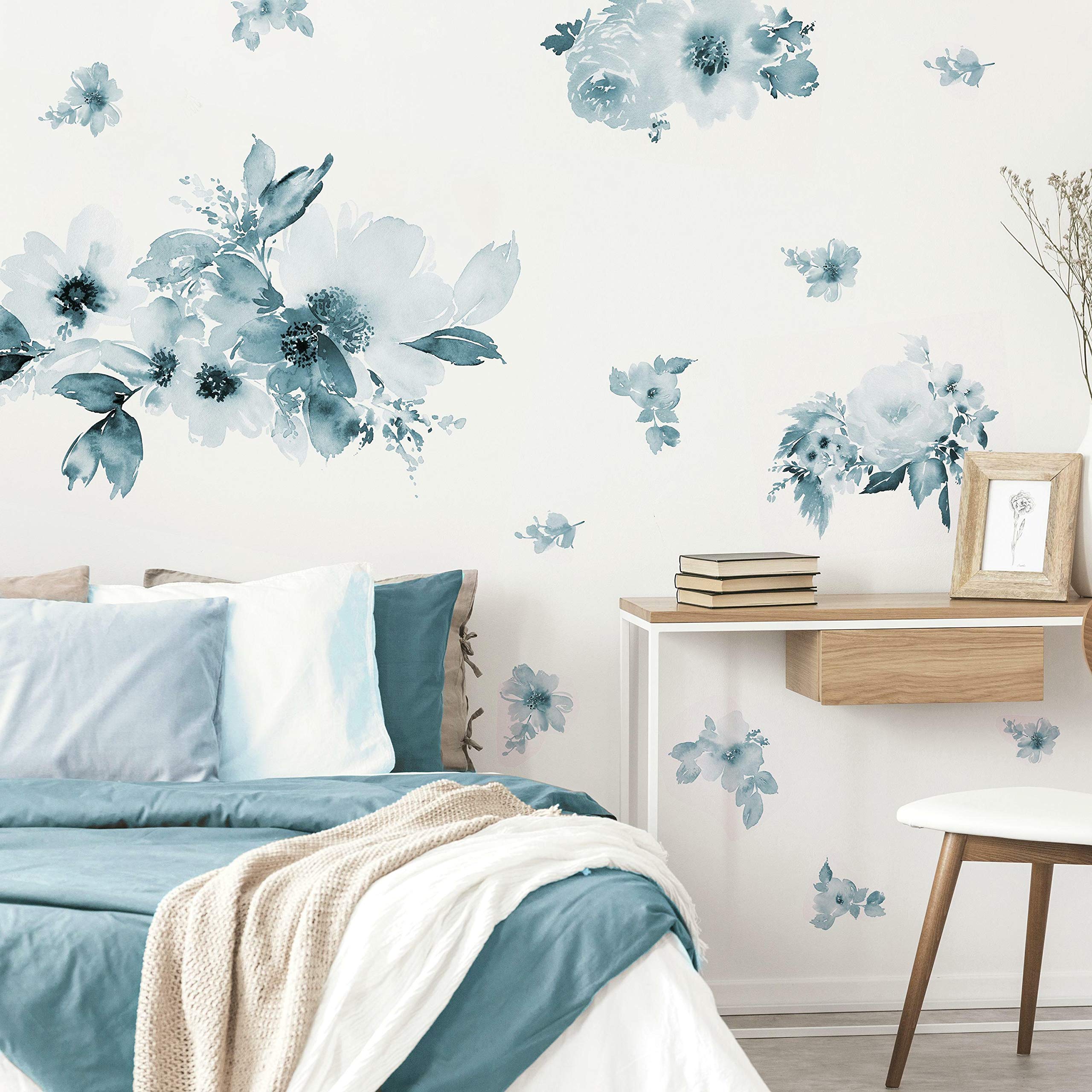 Roommates Rmk4708Gm Watercolor Floral Peel And Stick Wall Decals, Blue