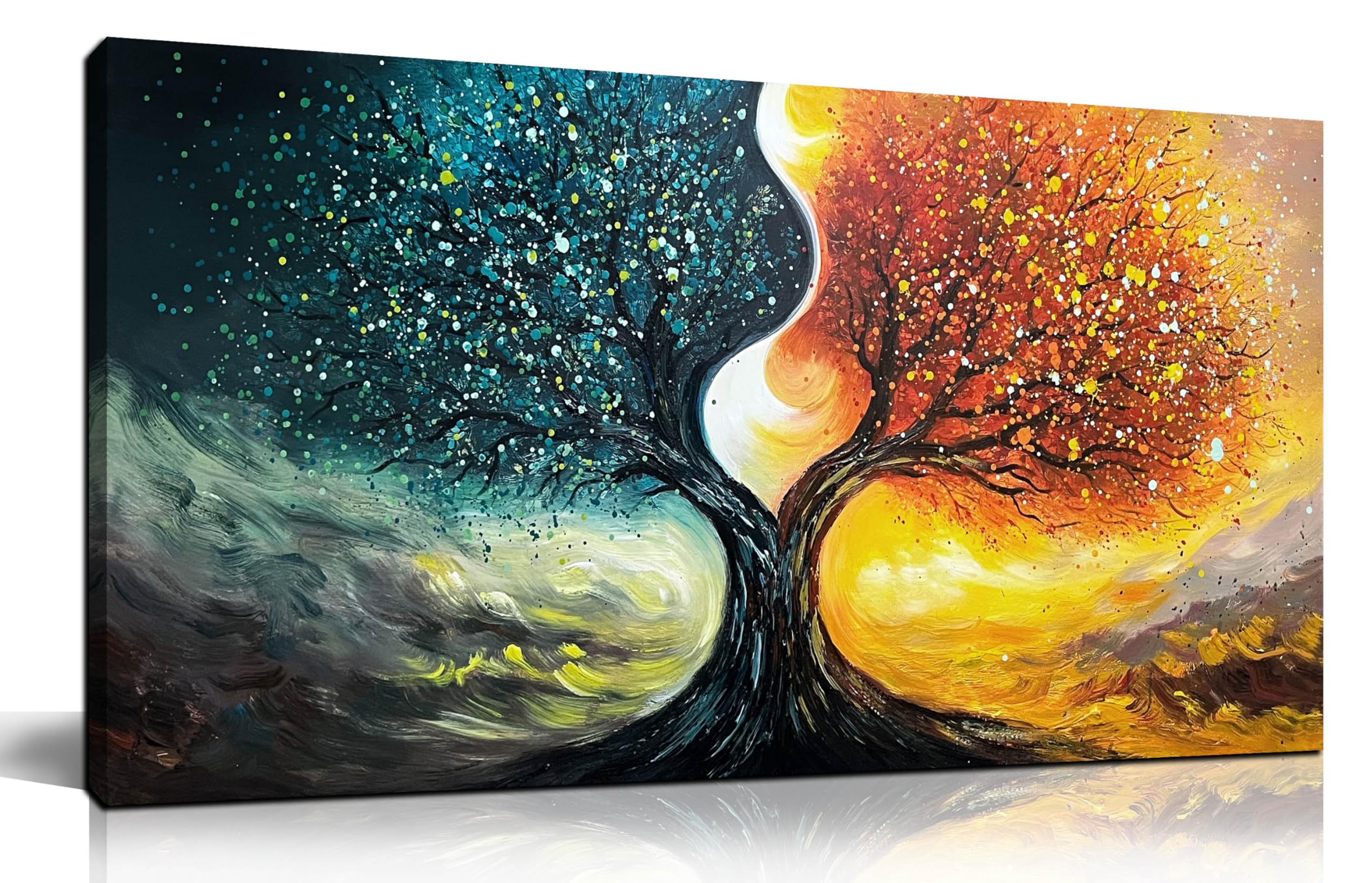 Huboskn Tree Pictures Wall Decor For Living Room - Abstract Hand Painted Wall Art For Office - Teal And Gold Wall Art For Bedroo