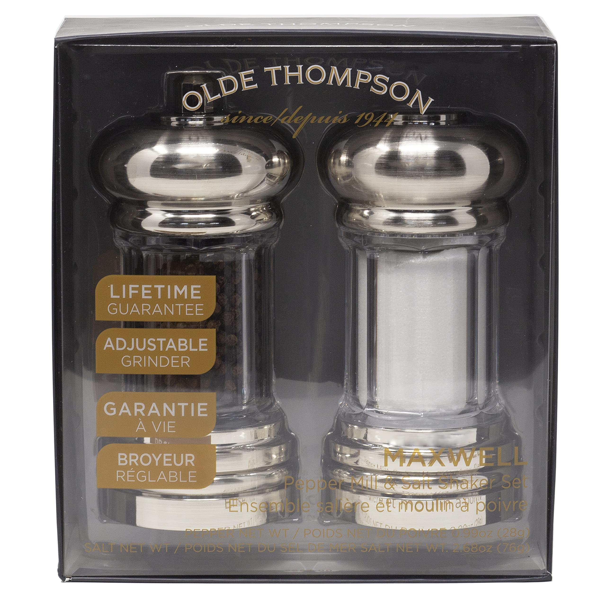 Olde Thompson - 7 Brushed Nickel Pepper Mill & Salt Shaker Set - Pre-Filled With Peppercorns And Pure Ocean Sea Salt, Fully Adju