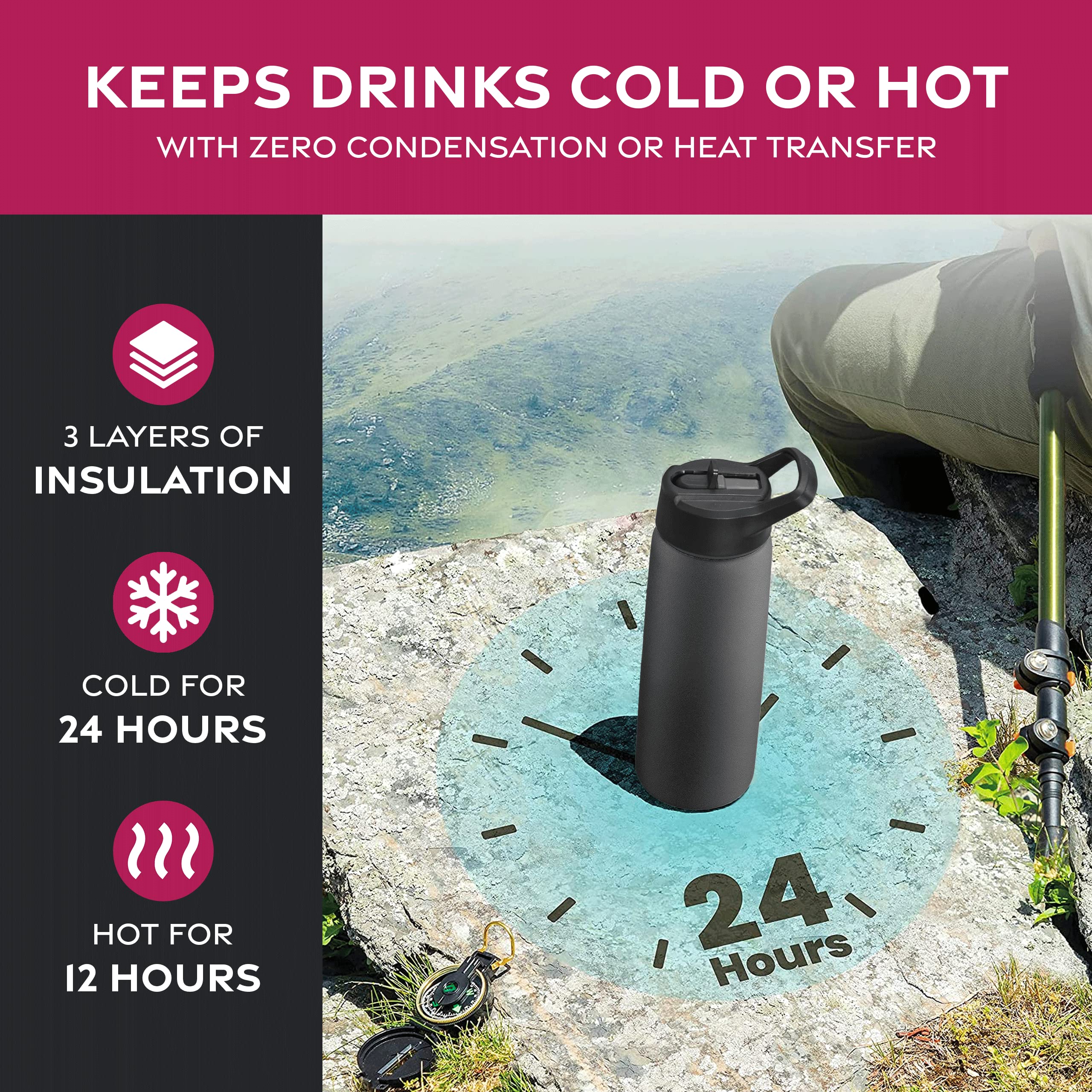 FineDine 25 Oz Insulated Water Bottle with Straw - Triple Walled Stainless Steel Metal Bottle W/ 3 Leak Proof Lids - For Travel,