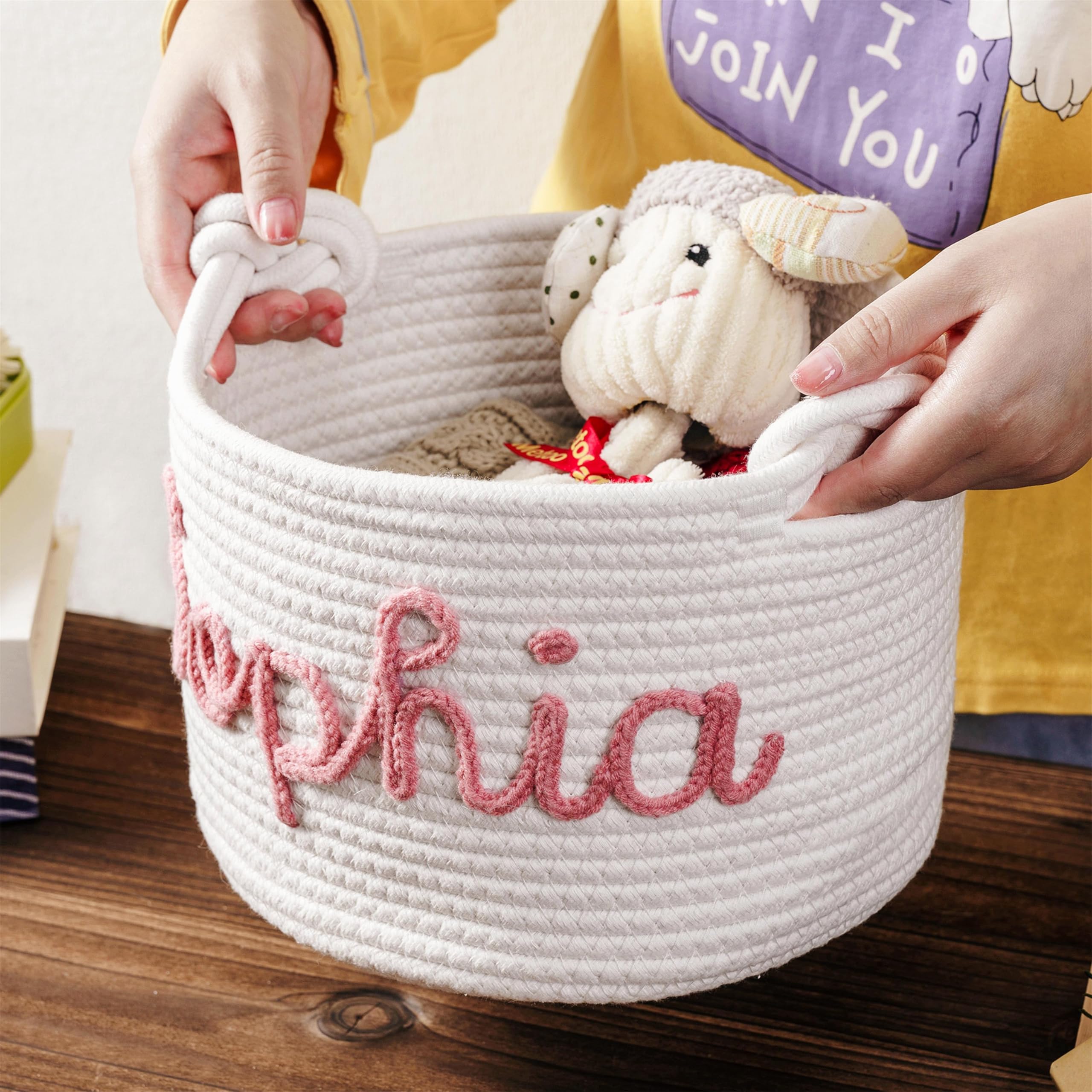 JUPPE Personalized Baby Shower Basket Gift, Baptism Gift Toys and Storage Organizer Custom Baby Boy Girl Name Cotton Rope Basket