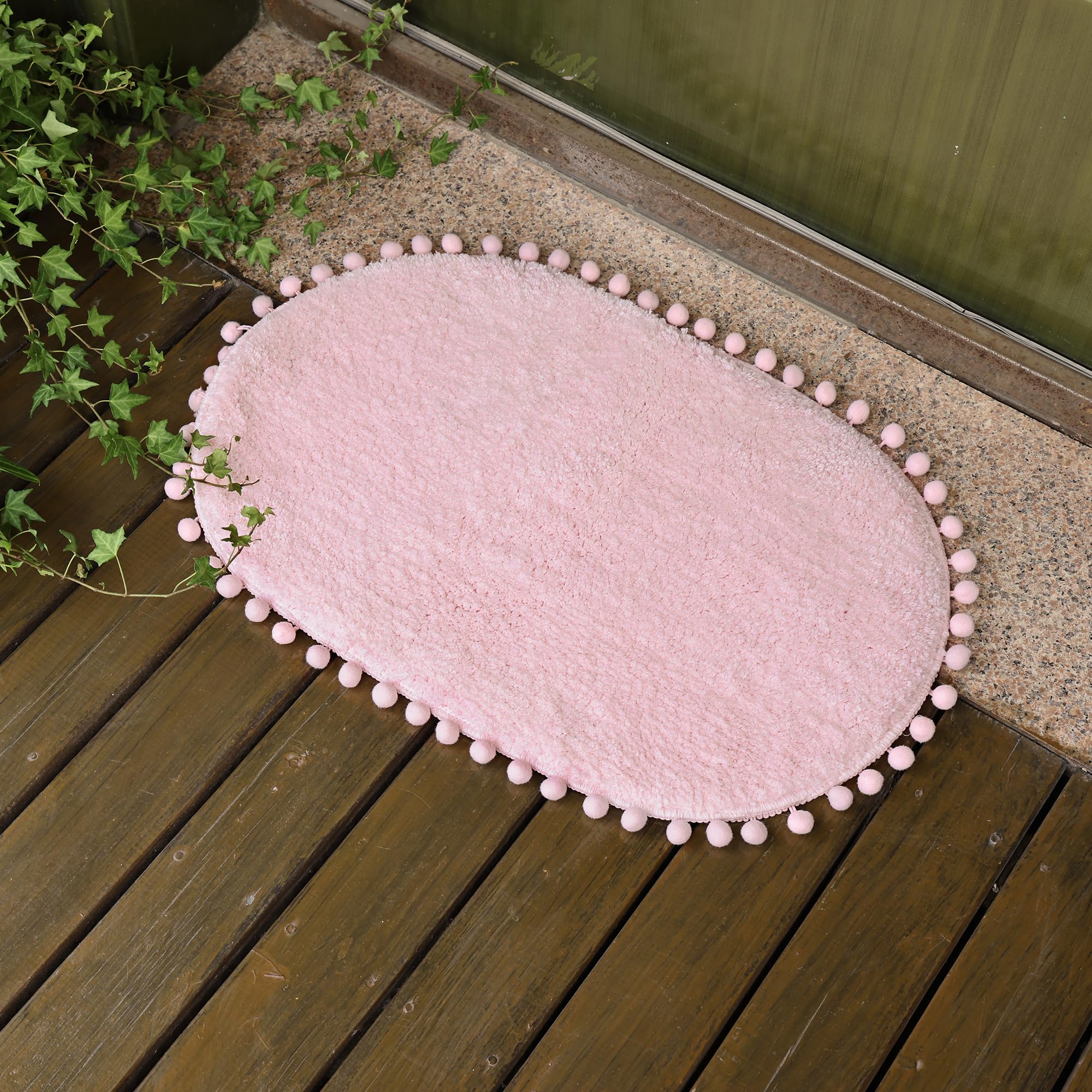 Yirddeo Bath Mat Pink Rug With Pom Oval Bathroom Rugs For Bedroom Non Slip Cute Boho Absorbent Mats Soft Plush Washable Rug (20