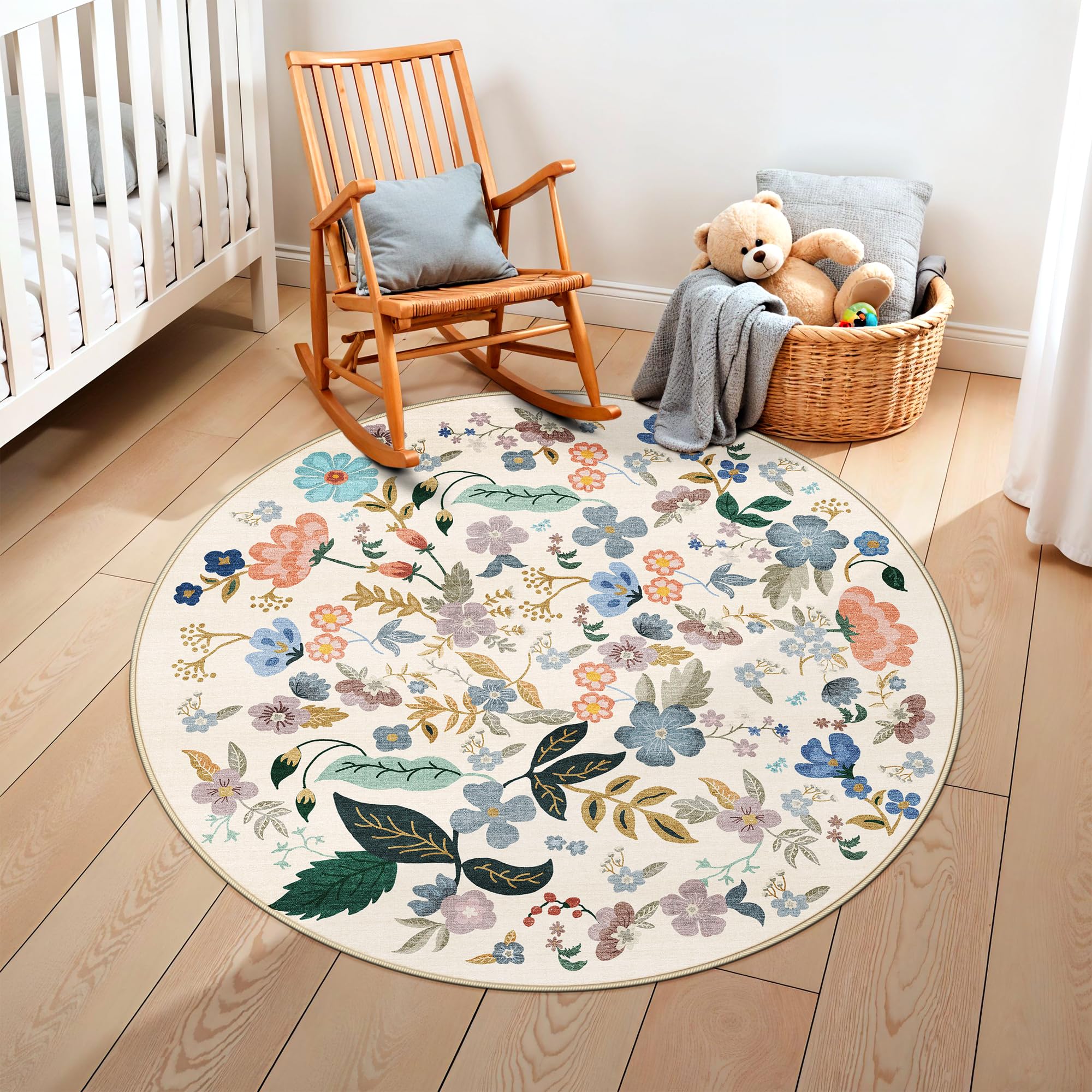 Washable Floral Round Rugs for Bedroom - 4x4 Feet Circle Area Rugs for Living Room Nursery Non-Slip Stain Resistant Ultra Soft C