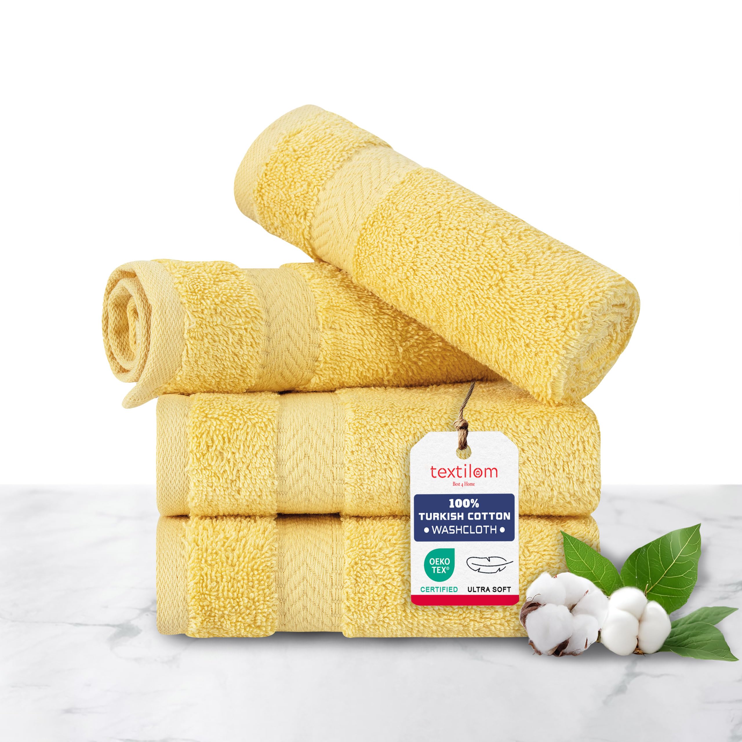 Textilom 100% Turkish Cotton 4 Piece Luxury Washcloth Towel Set For Bathroom, Super Soft & Highly Absorbent & Quick Dry For Face