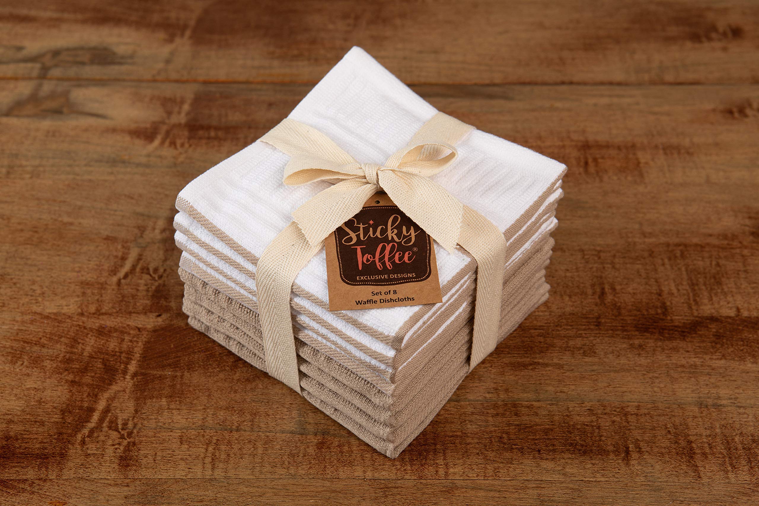 Sticky Toffee Cotton Kitchen Towels Dishcloths Set Of 8, Tan And White Dish Cloth Towels, Tea Towels, Reusable And Absorbent Cle