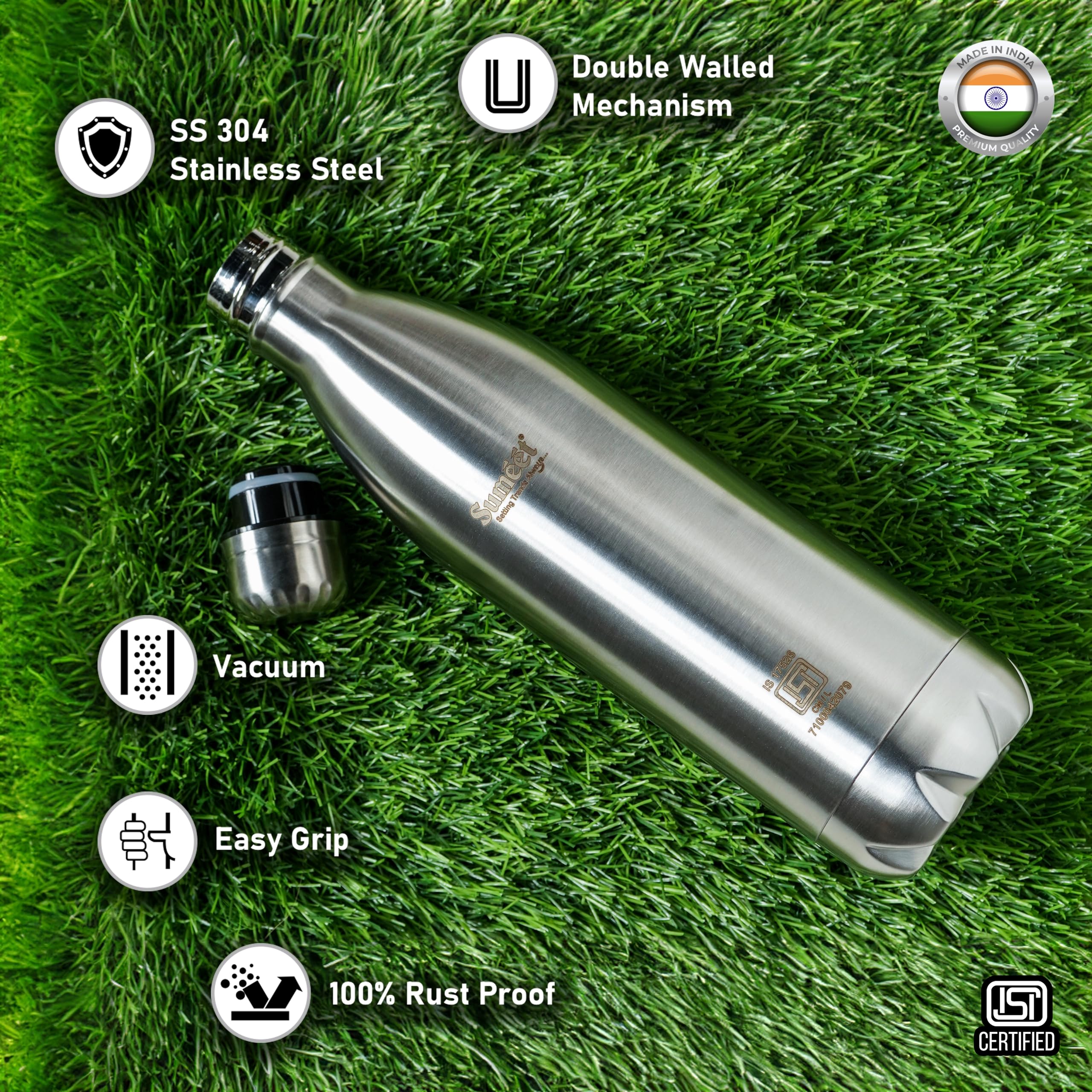 Sumeet Stainless Steel Double Walled Vacuum Flask/Water Bottle, 24 Hours Hot And Cold, 1000 Ml, Silver