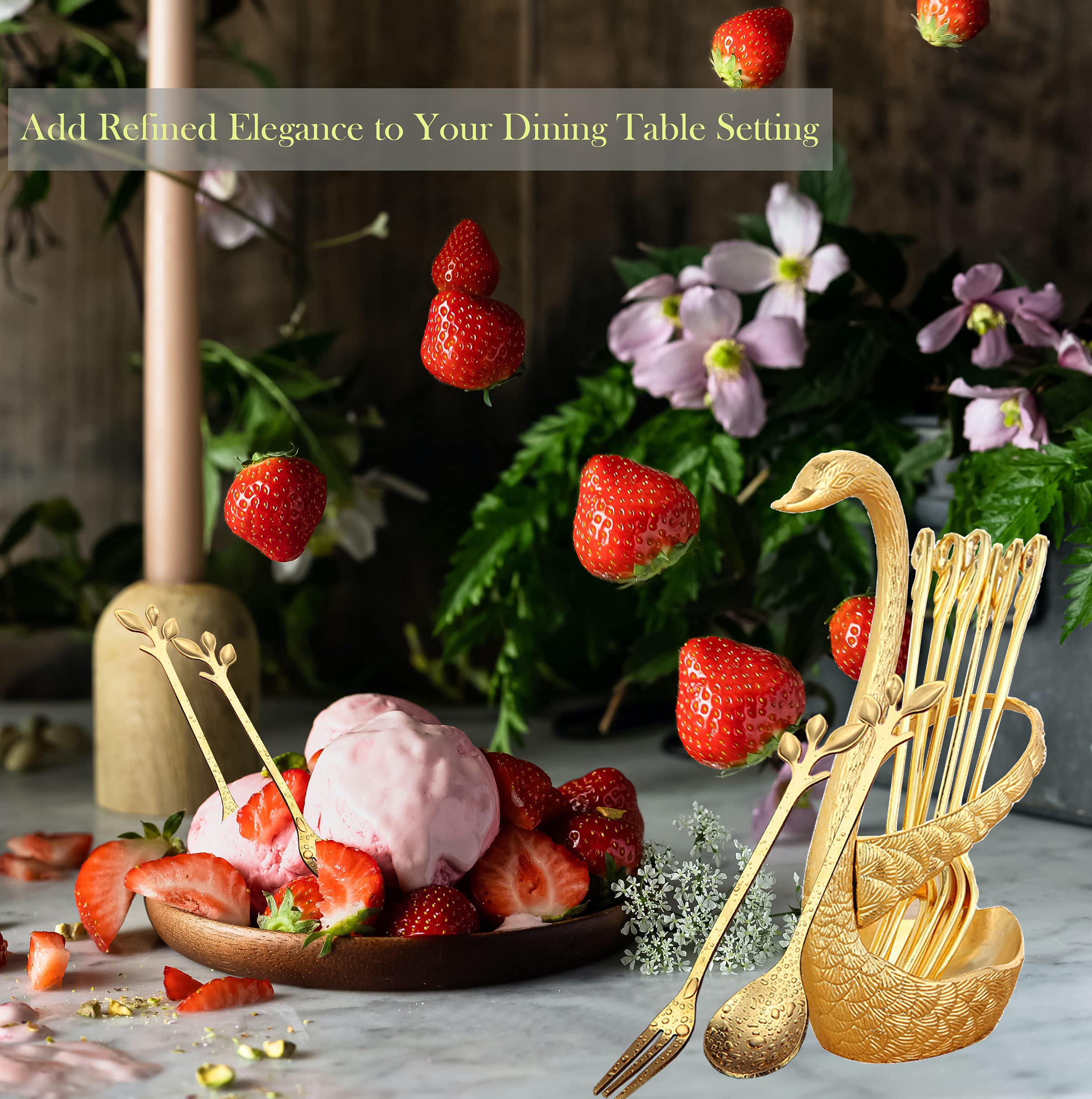 13 Piece Gold Mini Spoons And Forks With Swan Spoon Holder Small Spoons For Dessert Appetizer Spoons Stainless Steel Gold Servin