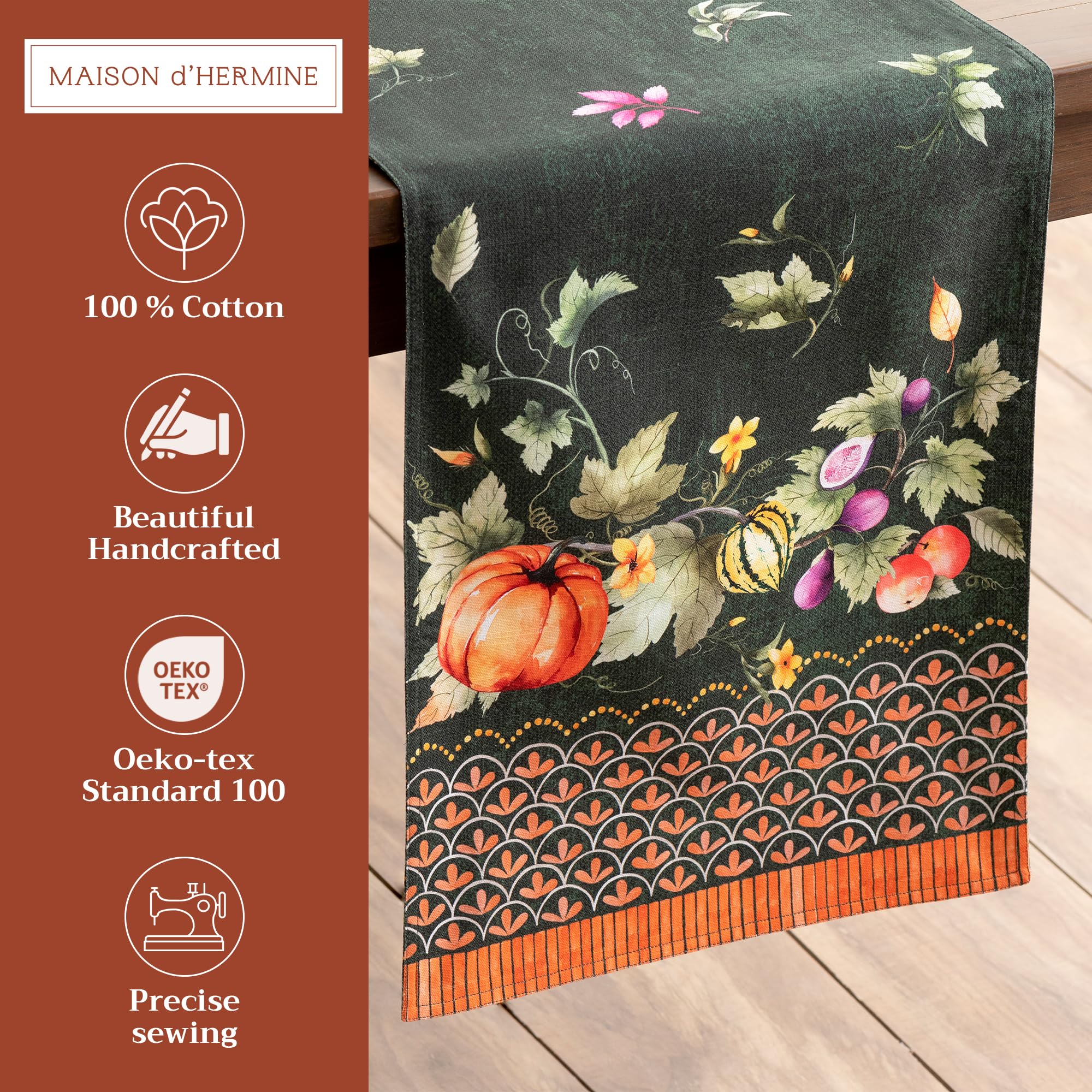 Maison d' Hermine Tablerunners 100% Cotton Decorative Tablerunner Table Cover for Gifts  Holiday  Dinner  Pumpkin Garden - Dark Green (Double Layer) - Thanksgiving/Christmas (14.50''x72'')