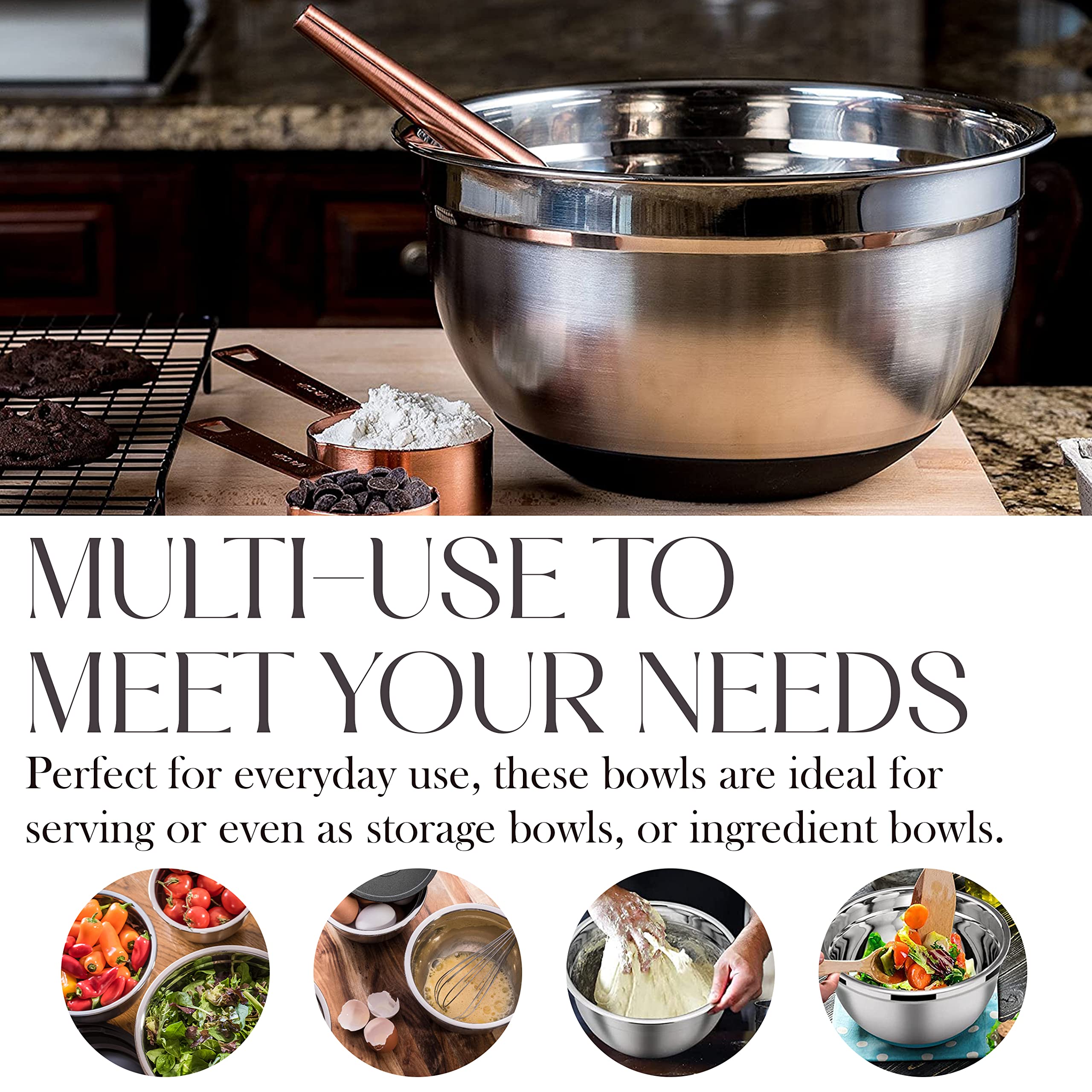 Bellemain Stainless Steel Non-Slip Mixing Bowls With Lids (5 Piece, Silver/Black)