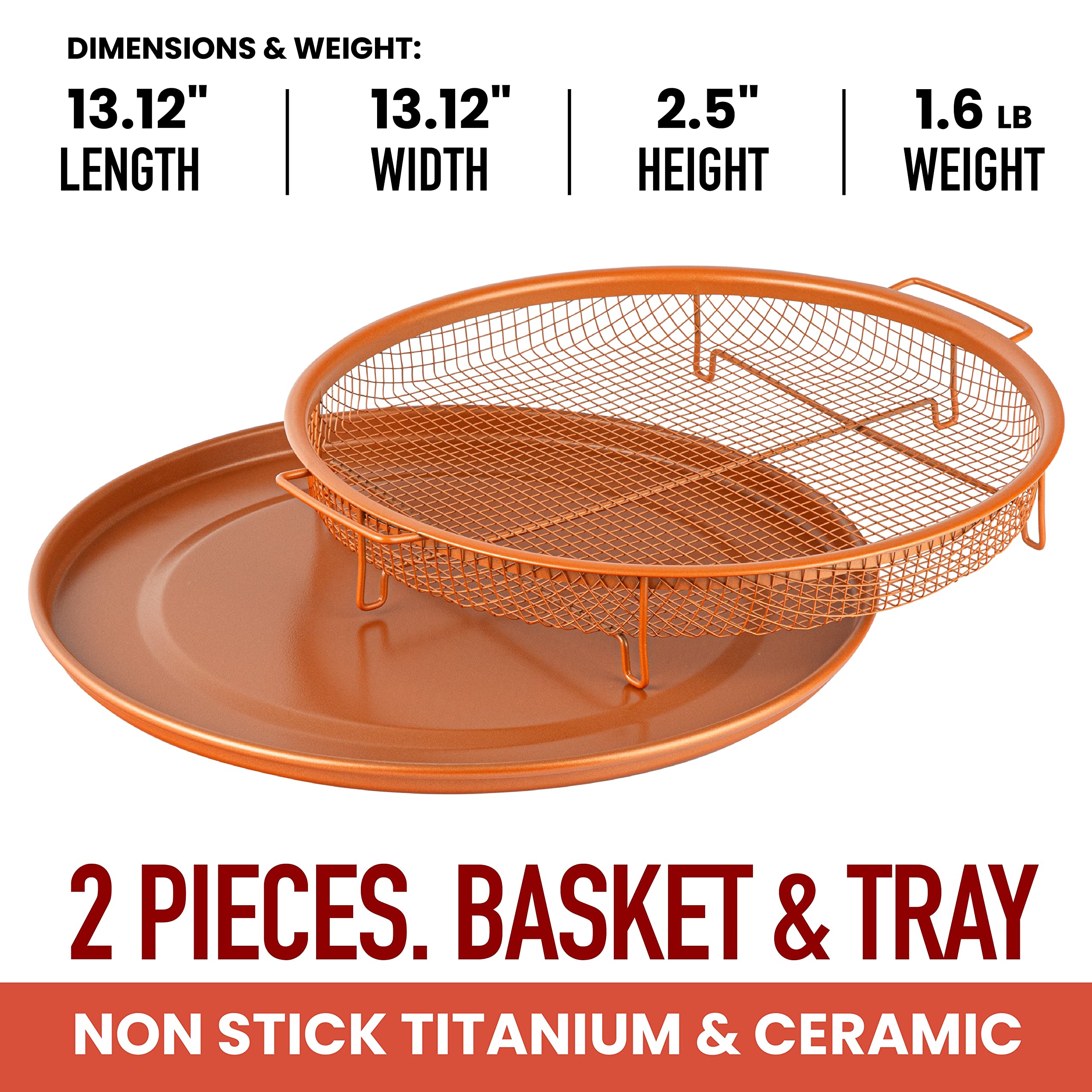 Gotham Steel 2 Piece Set Round Copper Air Fry Crisper Tray, Pizza & Baking Pan, Durable Non-Stick, Scratchproof, Dishwasher Safe