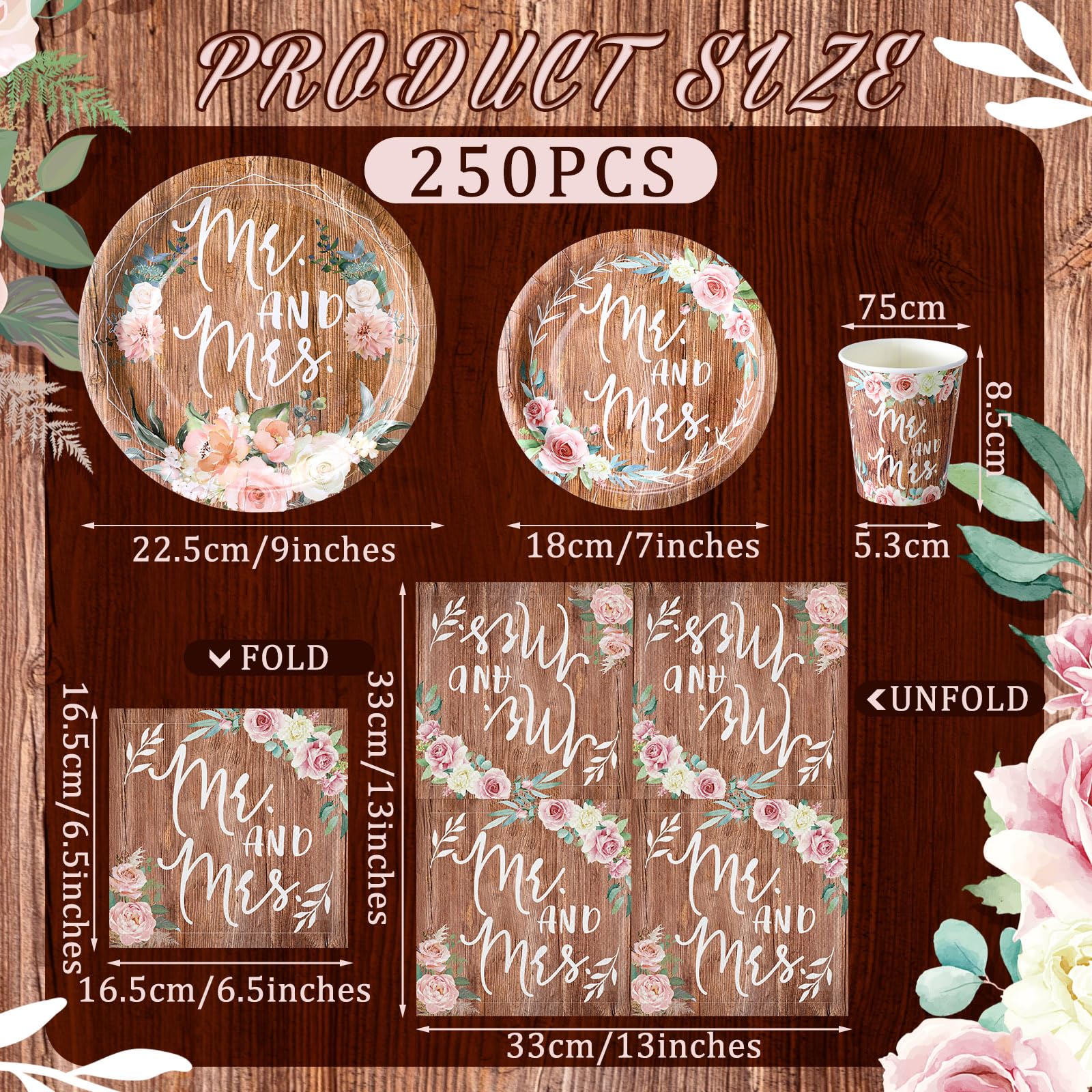 Zhehao 250 Pcs Bridal Shower Plates And Napkins Rustic Plates Mr. And Mrs. Wedding Plates Napkins Wedding Party Decorations Disp
