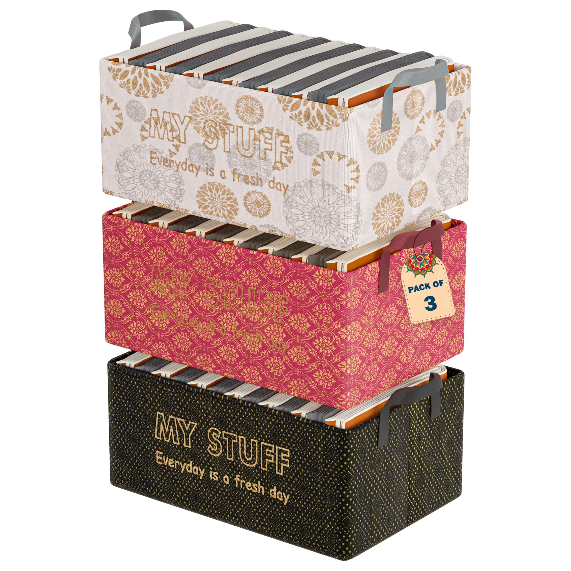 Urbane Home Pack Of 3 Foldable Storage Box For Clothes | Dress & Towel Organiser For Wardrobe | Collapsible Container Basket  M