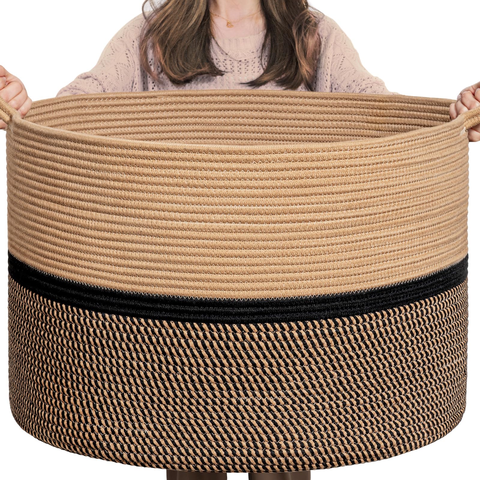CHICVITA XXL Extra Large Cotton Rope Woven Basket  Throw Blanket Storage Basket with Handles  Decorative Clothes Hamper - 22'' x 22'' x 14''  Black