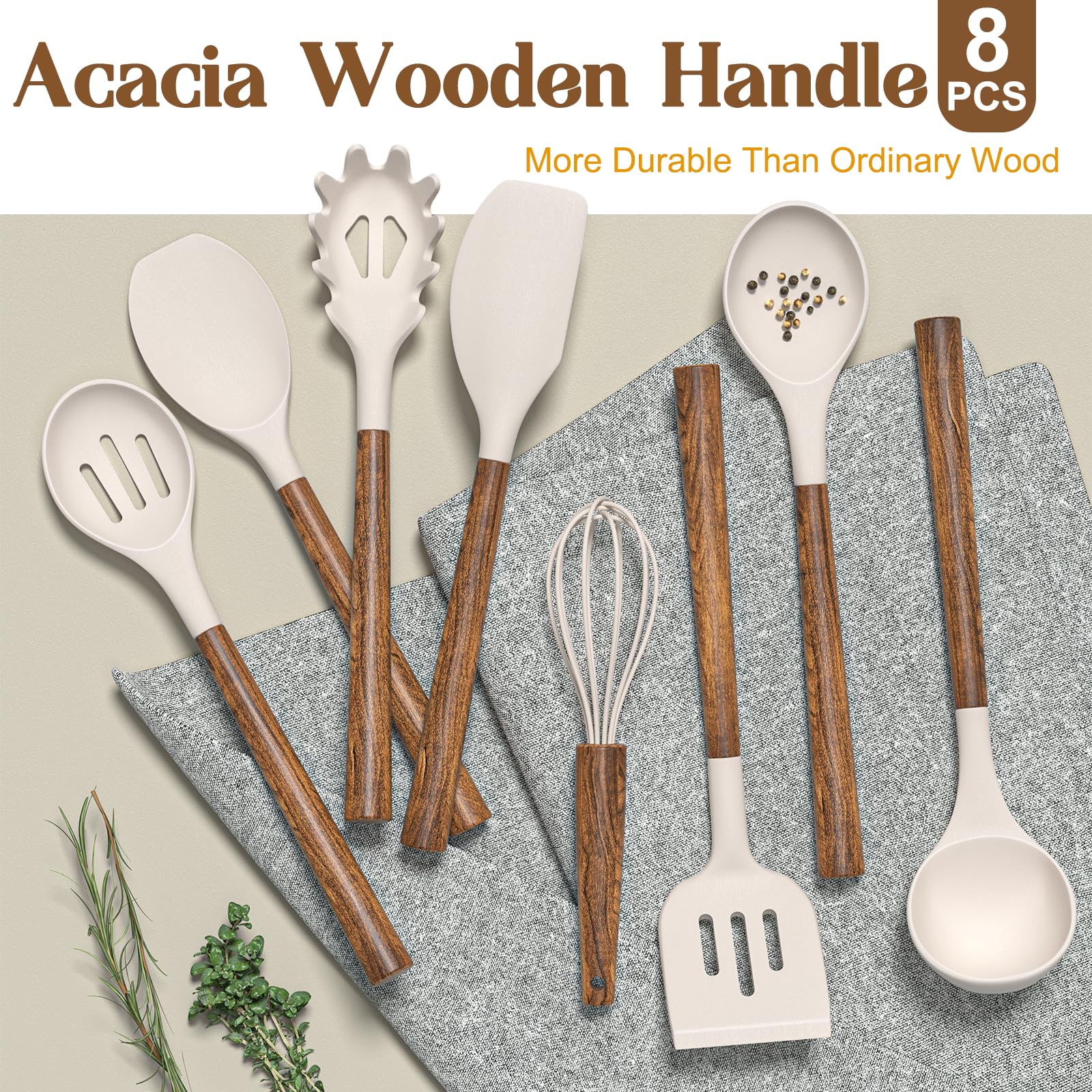 Silicone Cooking Utensil Set,Umite Chef 8-Piece Kitchen Utensils Set With Natural Acacia Wooden Handles, Silicone Heads-Silicone