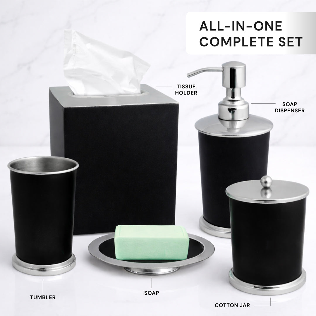 Bathroom Accessory Set – Maebrie Collection | Modern Dark Brown & Silver Décor