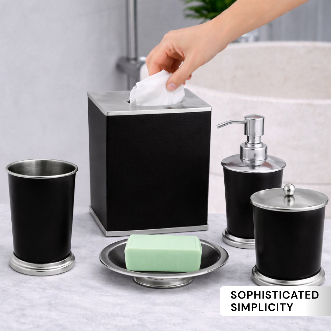Bathroom Accessory Set – Maebrie Collection | Modern Dark Brown & Silver Décor