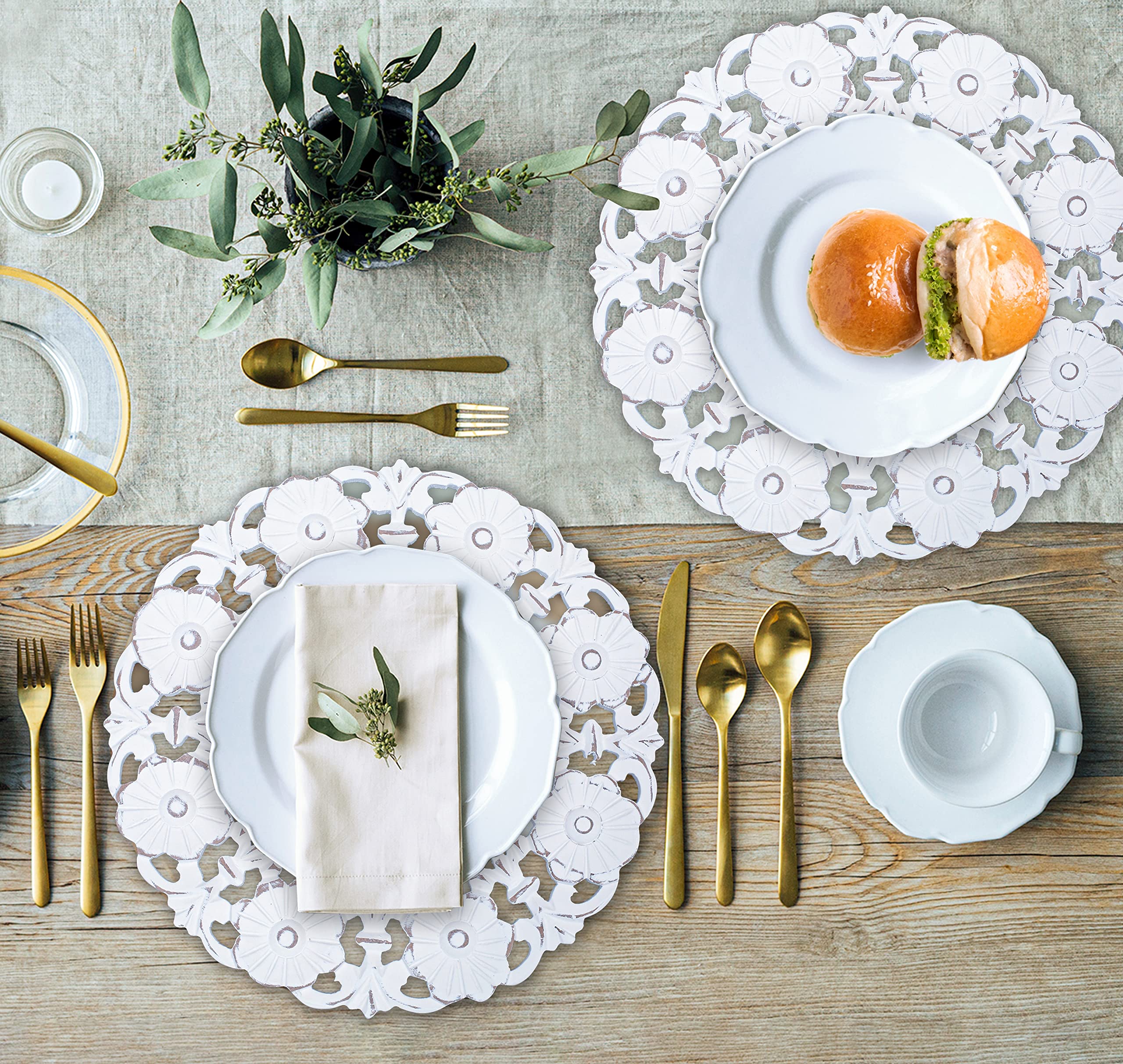 White Wood Charger For Dinner Plates Set Of 2 - Decorative Flower Design 13 Inch Round Wooden Placemat For Dining Table D  Cor/F