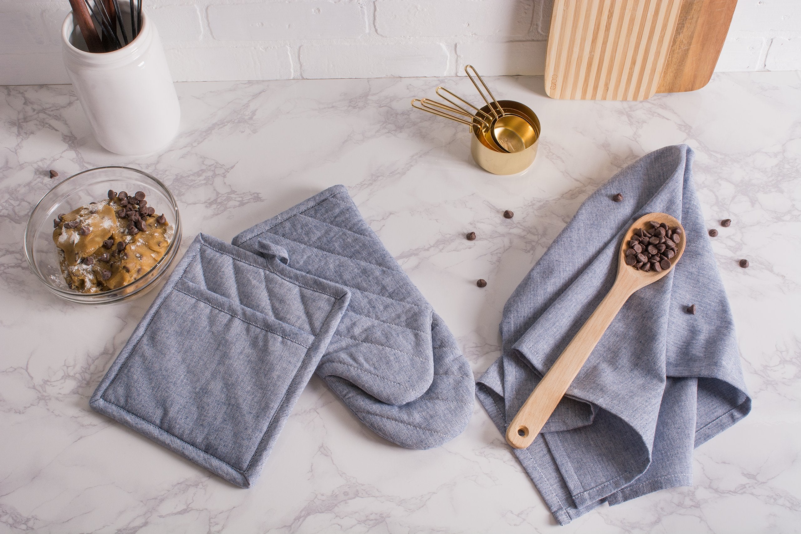 Dii 100% Cotton Solid Chambray Kitchen Set, Oven Mitts, Blue, 2 Piece