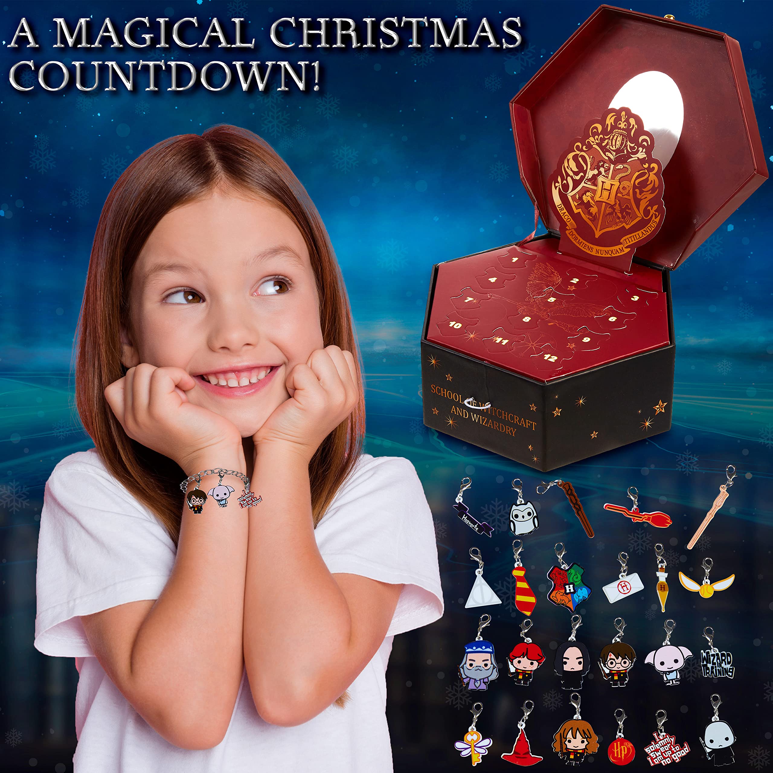 Harry Potter Jewelry Advent Calendar 2025 for Girls, Christmas Countdown with 23 Charms and 1 Bracelet Surprise Set, Hogwarts Xm