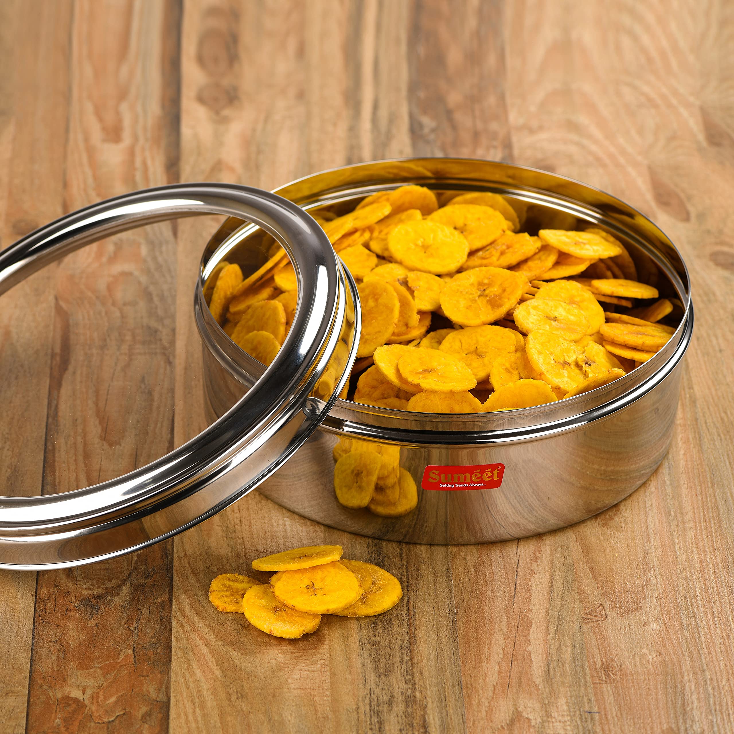Sumeet Stainless Steel Flat Canisters/Puri Dabba/Storage Containers With See Through Lid Set Of 2Pcs (1Ltr, 1.5Ltr)