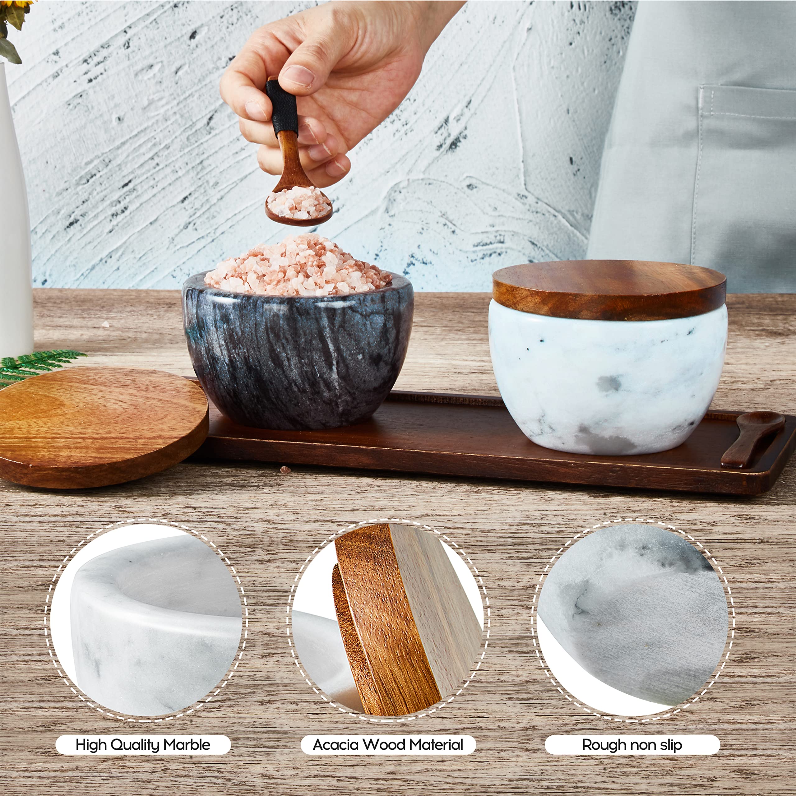 MarcZero Large Salt Box Spice Seasonings Keeper Pepper Container Marble Base with Wooden Cover Salt Cellar Big Capacity Elegant Design (White)