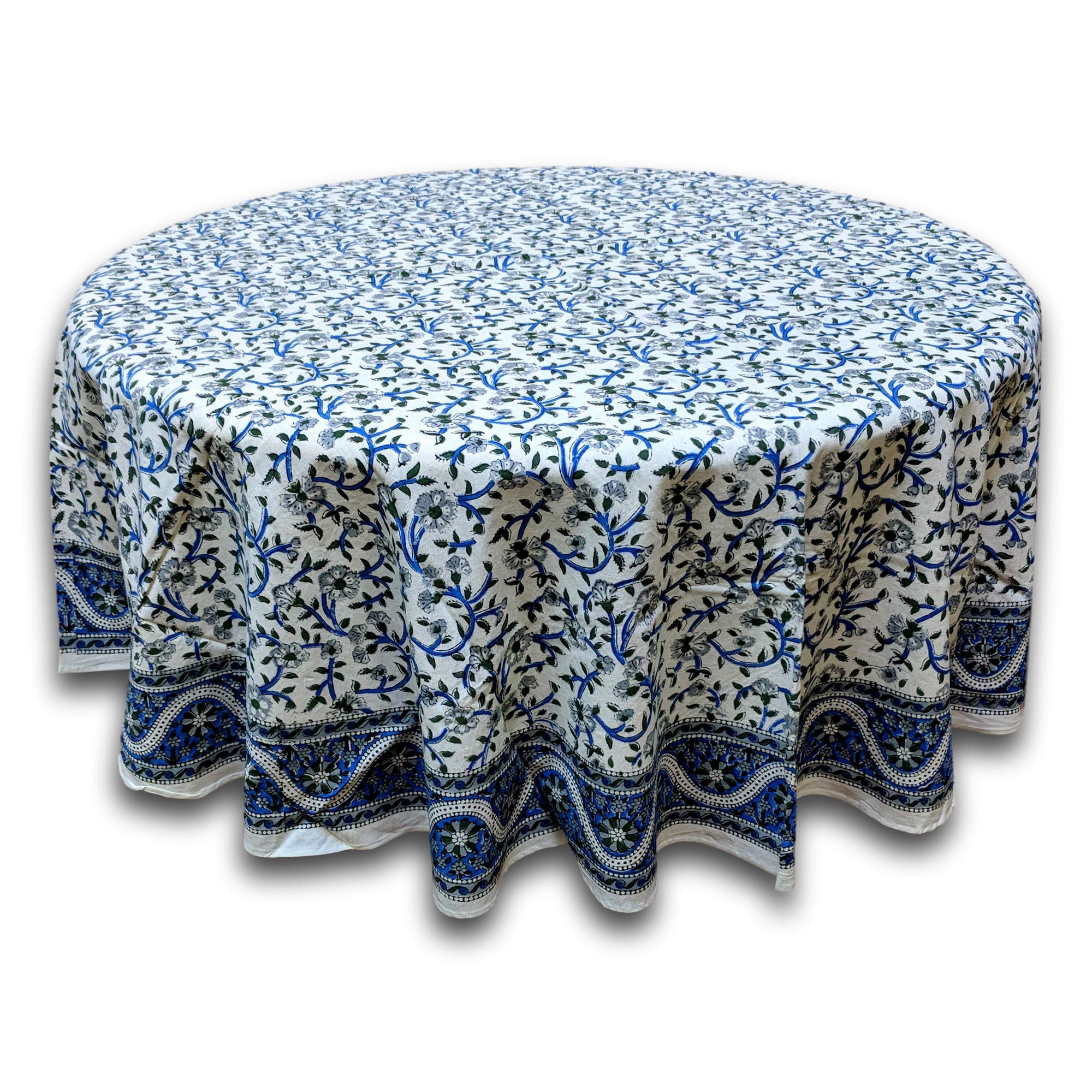 India Arts Hand Block Print Floral Tablecloth Round Cotton Table Linen Beach Sheet Beach Throw (Blue, Round 72 inches)