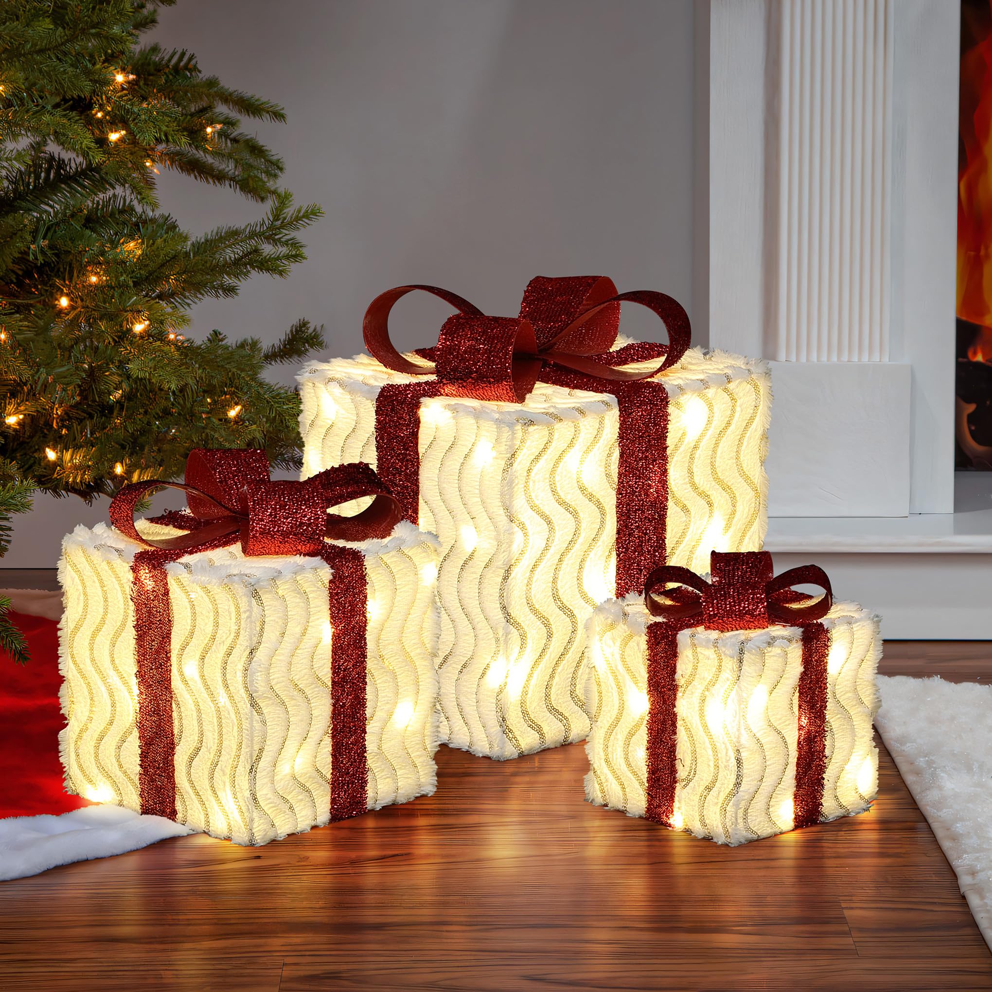 LuxenHome Set of 3 Lighted Gift Boxes, Plug-in Wavy Design with Red Ribbon Bow Boxes for Xmas Holiday Display, Lawn, Porch, Unde