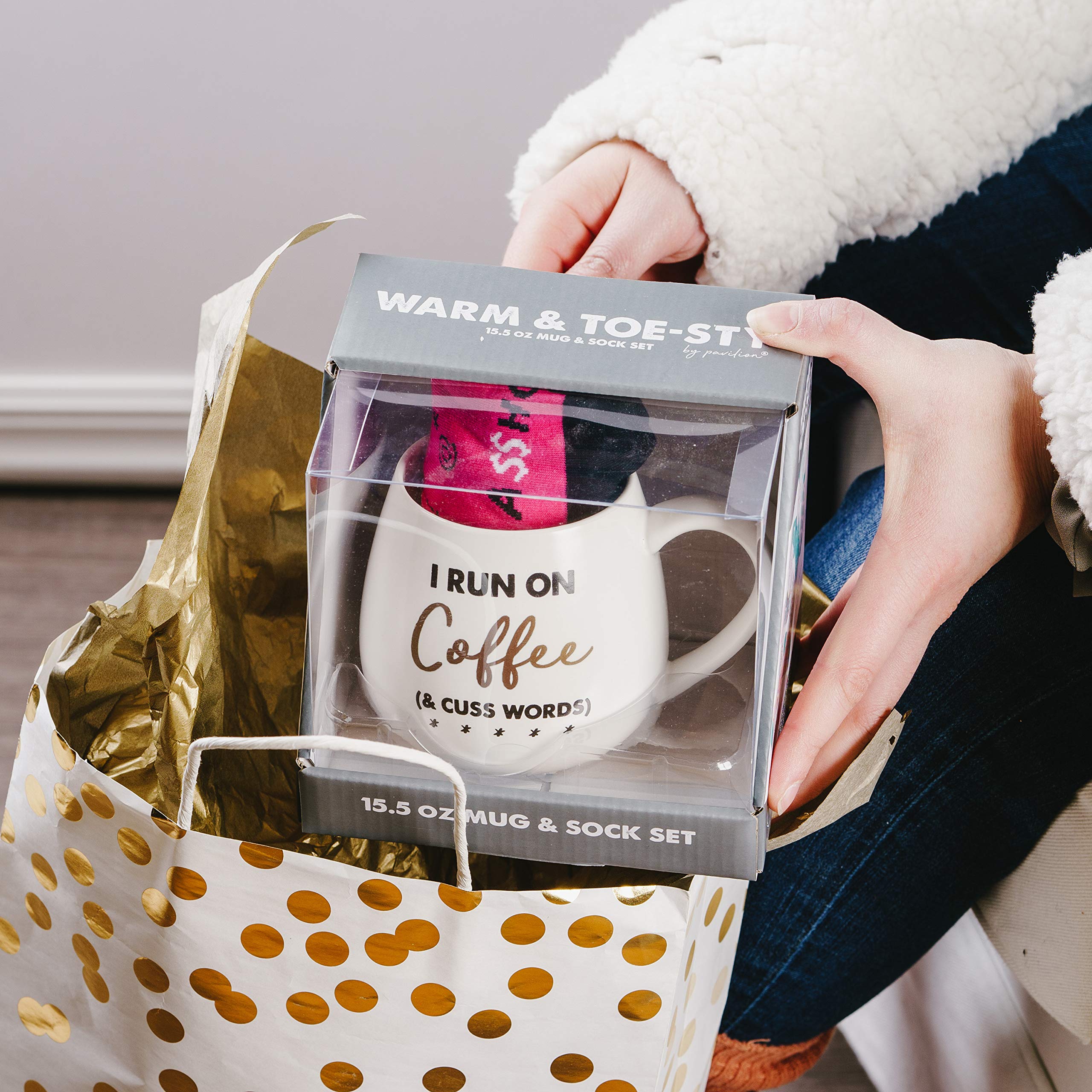 Pavilion Gift Company I Run Cuss Word Socks & 15.5 Oz Coffee Cup Mug Gift Set, White
