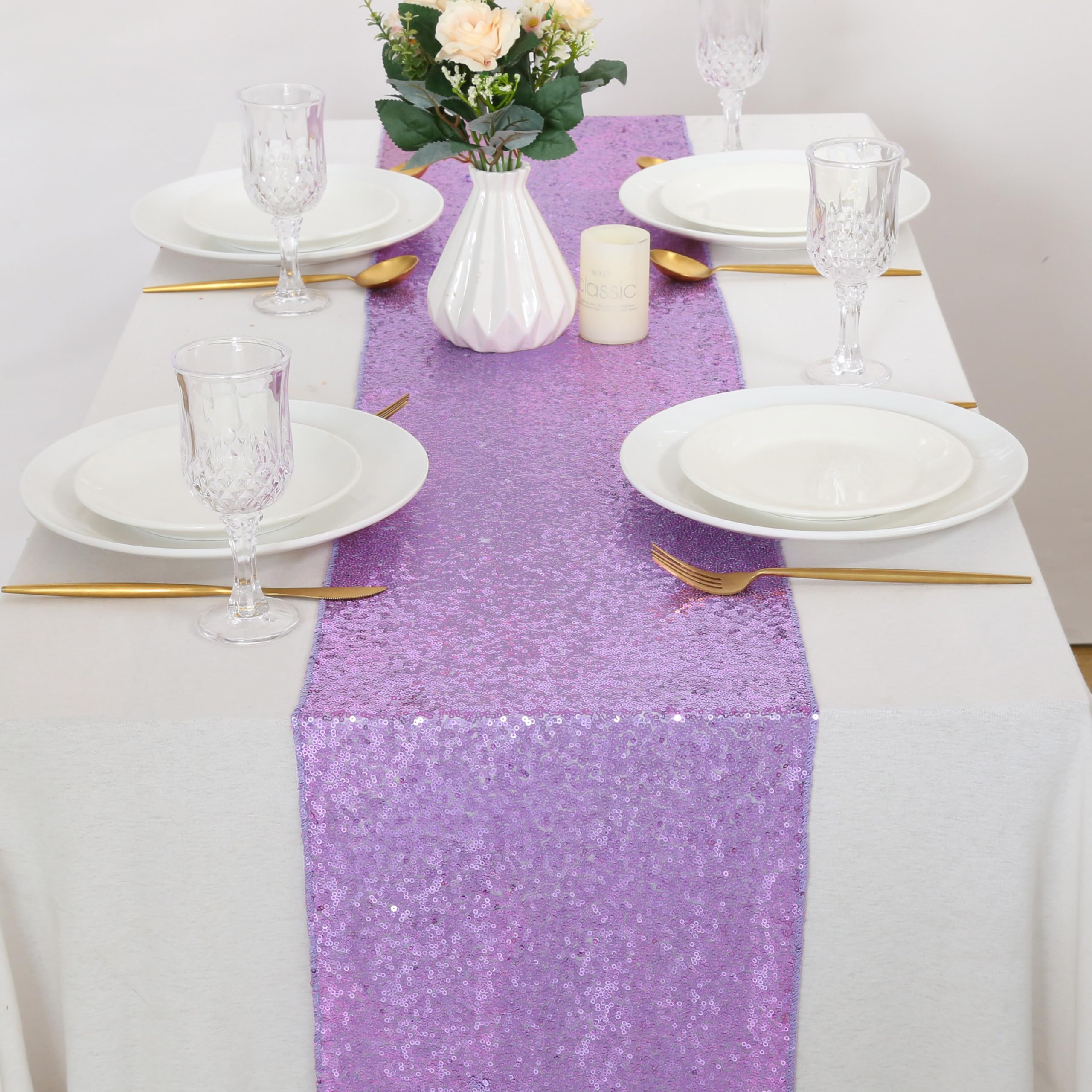 B-Cool Purple Table Runners 4 Pack 12X72 Inch Sequin Lavender Runner For Tables Halloween Party Decor Christmas Holiday Birthday