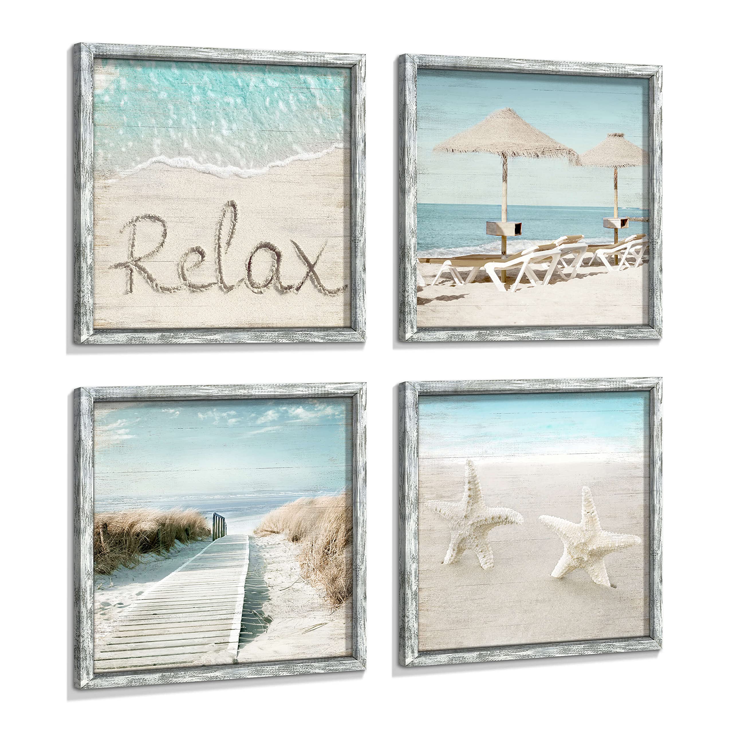 Ocean Framed Wood Wall Art: Beach Picture Seascape Artwork Coastal Prints Starfish Boardwalk Art Collection Wall Decor Set Of 4
