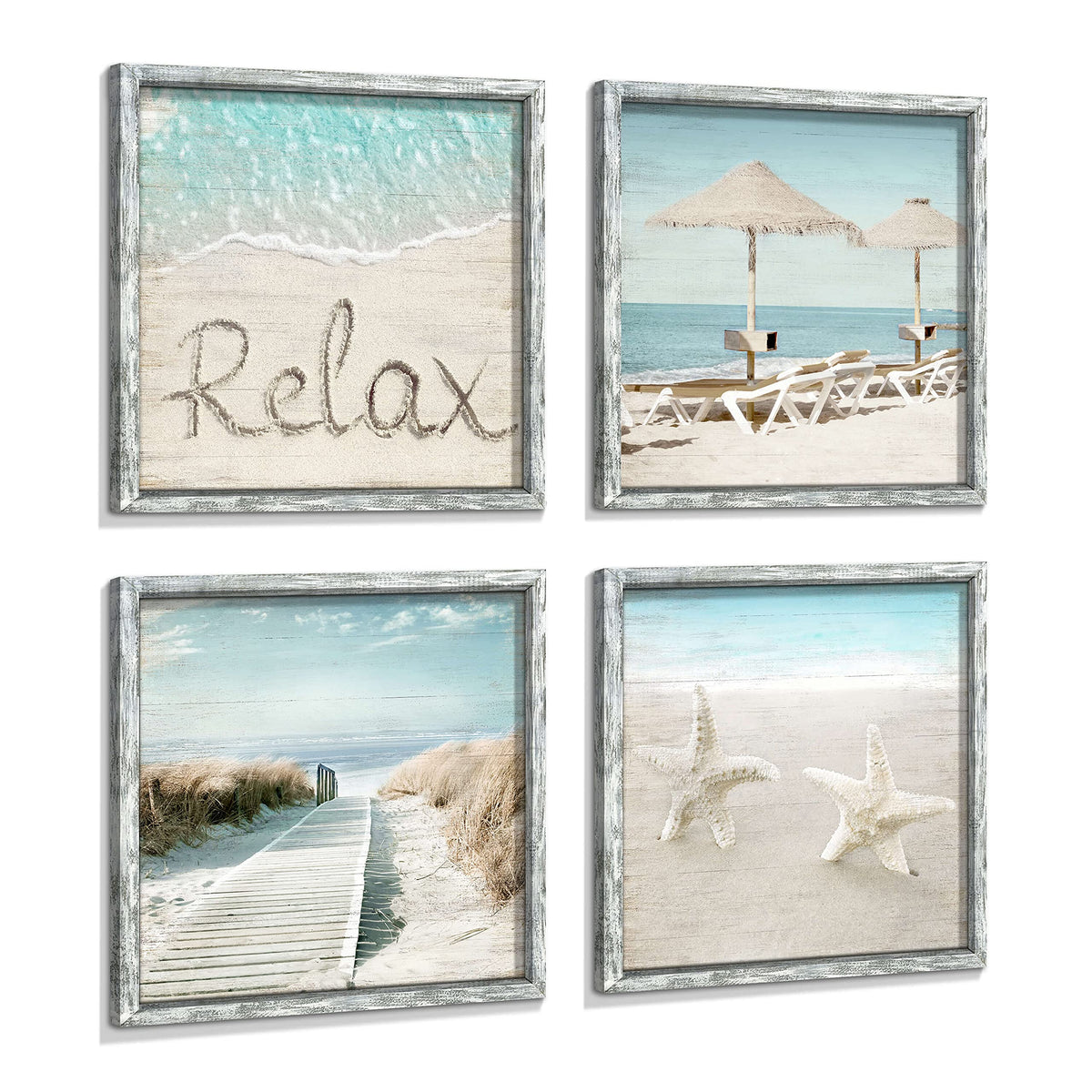 Ocean Framed Wood Wall Art: Beach Picture Seascape Artwork Coastal Prints Starfish Boardwalk Art Collection Wall Decor Set Of 4