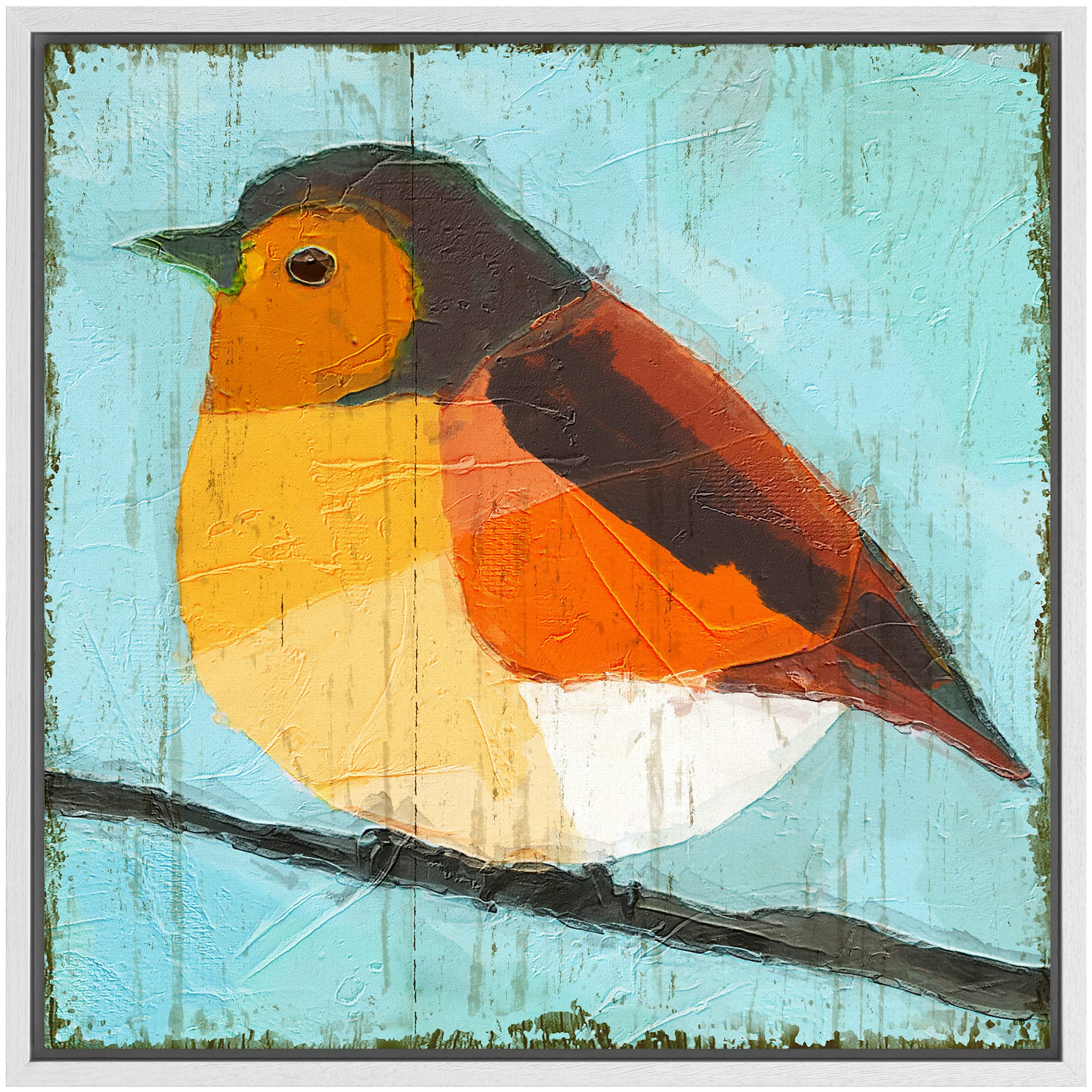 Wall26 Framed Canvas Print Wall Art Textured Geometric Orange & Yellow Robin Animals Birds Illustrations Modern Art Rustic Color