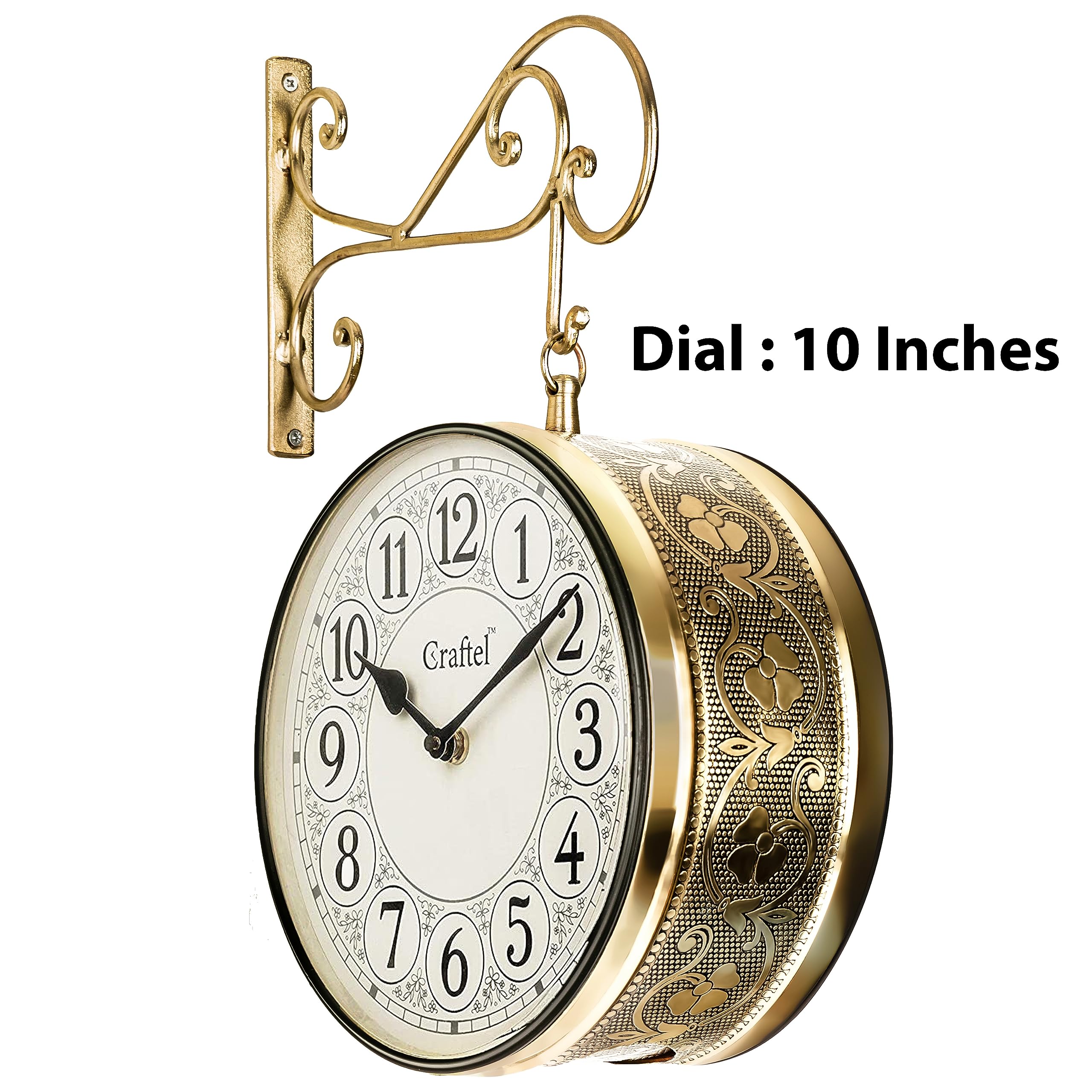 CRAFTEL Metal Analog Double Sided Vintage Station Wall Clock for Home (Shiny Gold_10 Inches)