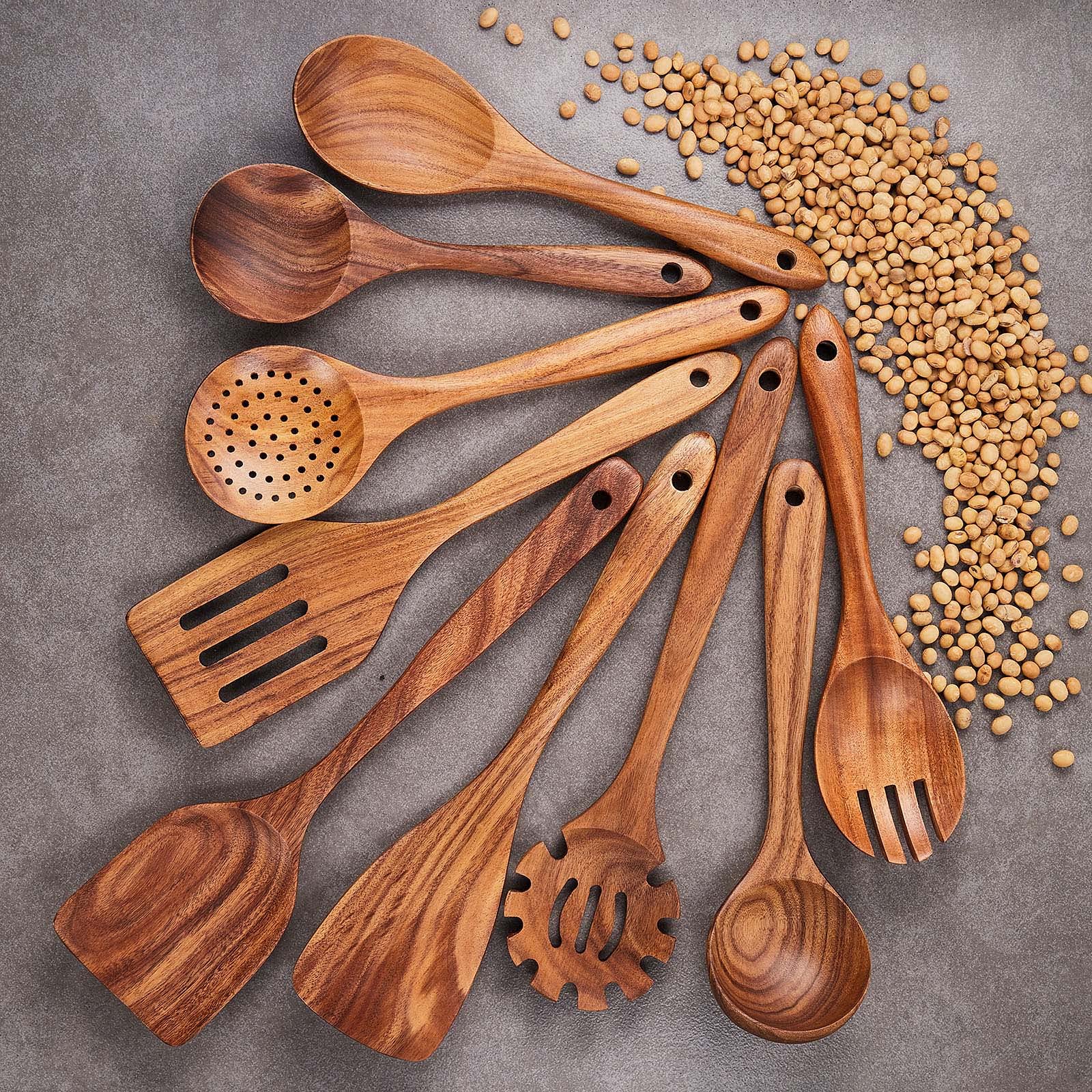 Wooden Kitchen Utensils Set,Gudamaye 9 Pce Natural Teak Wooden Spoons For Non-Stick Pan For Cooking,