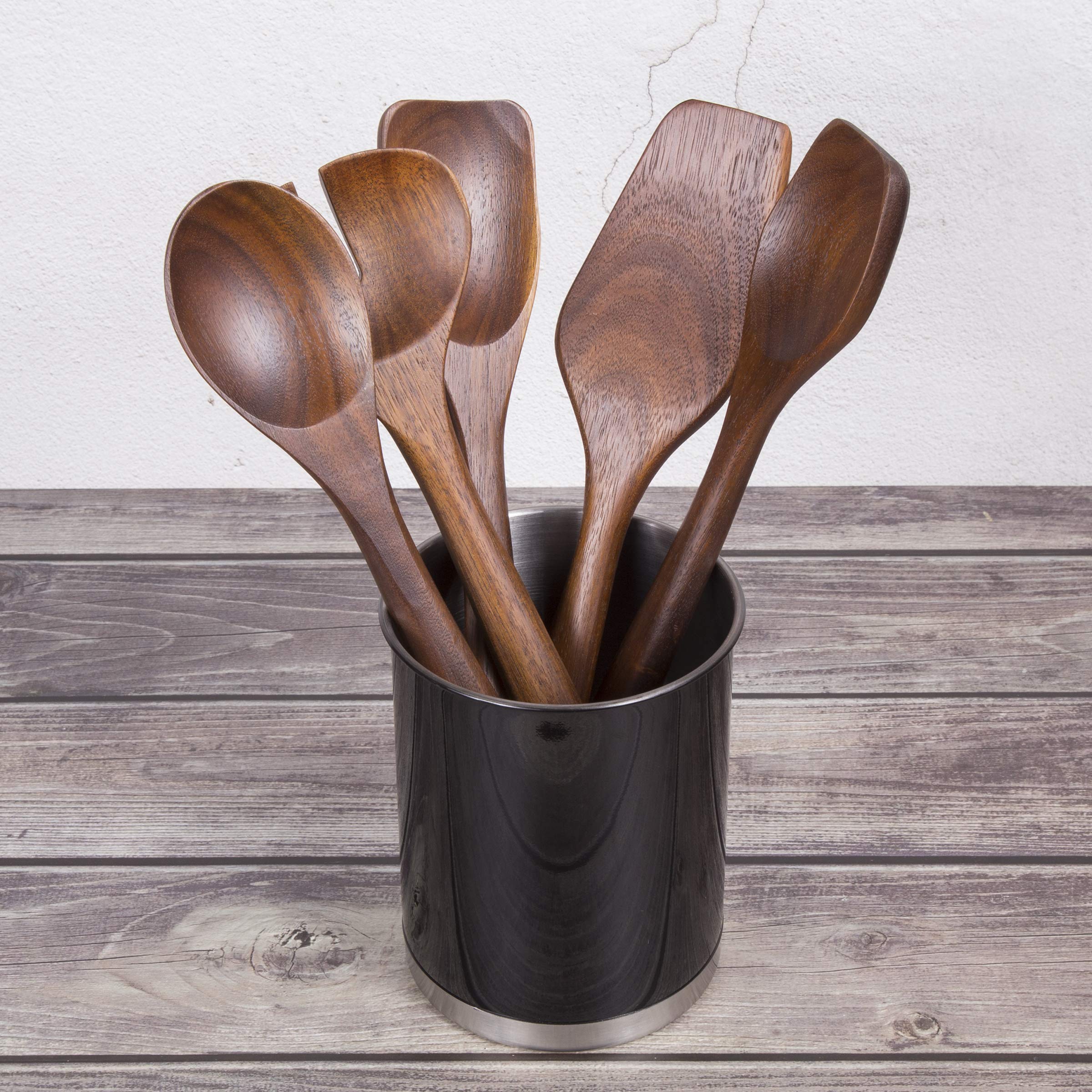 Creative Home Heavy Gauge Weighted Base Stainless Steel Tool Crock Utensil Holder Flatware Organizer  Large  5'' Diam. x 6.3'' H  Black