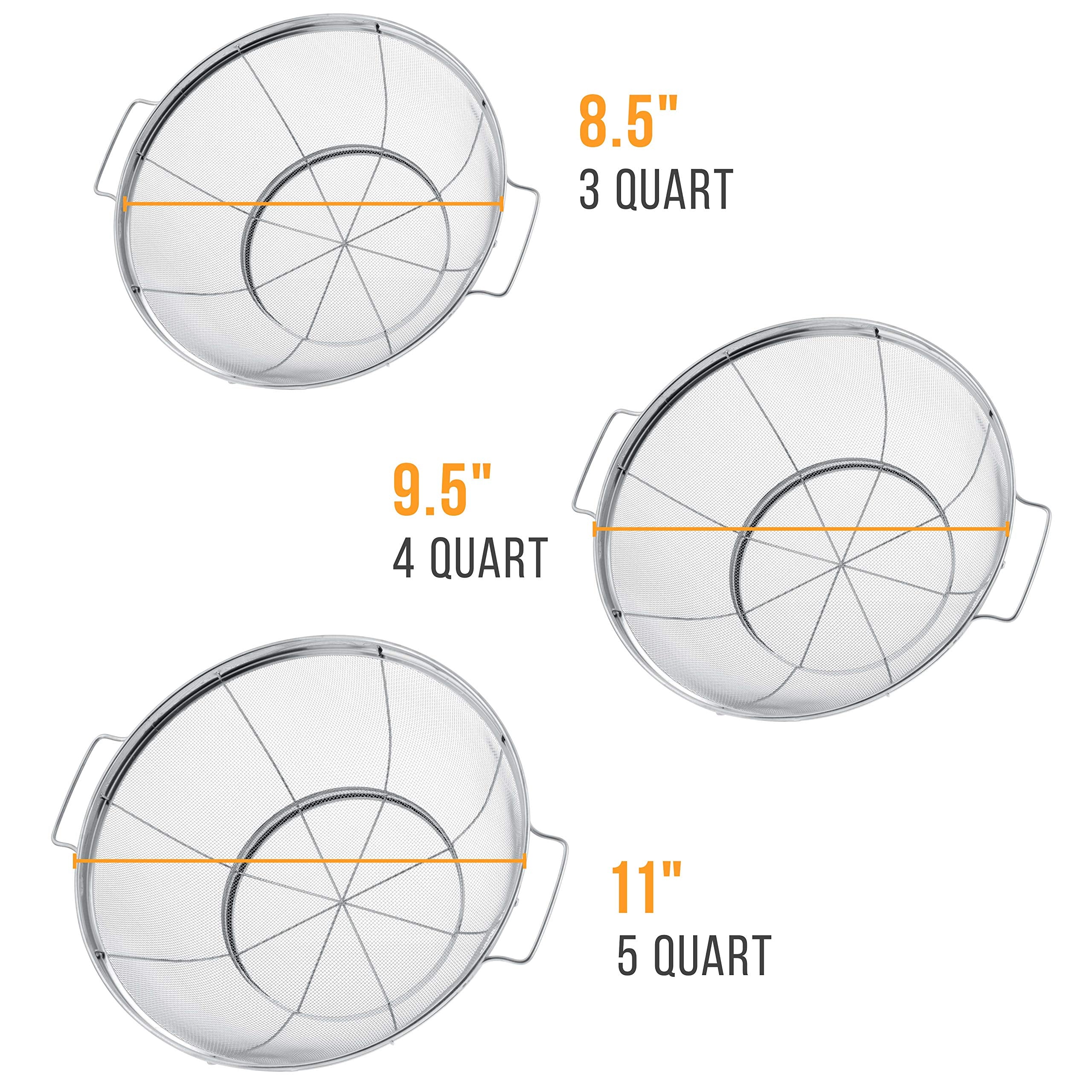 U.S. Kitchen Supply - 3 Piece Colander Set - Stainless Steel Mesh Strainer Net Baskets With Handles & Resting Base - 11'' 5 Quar