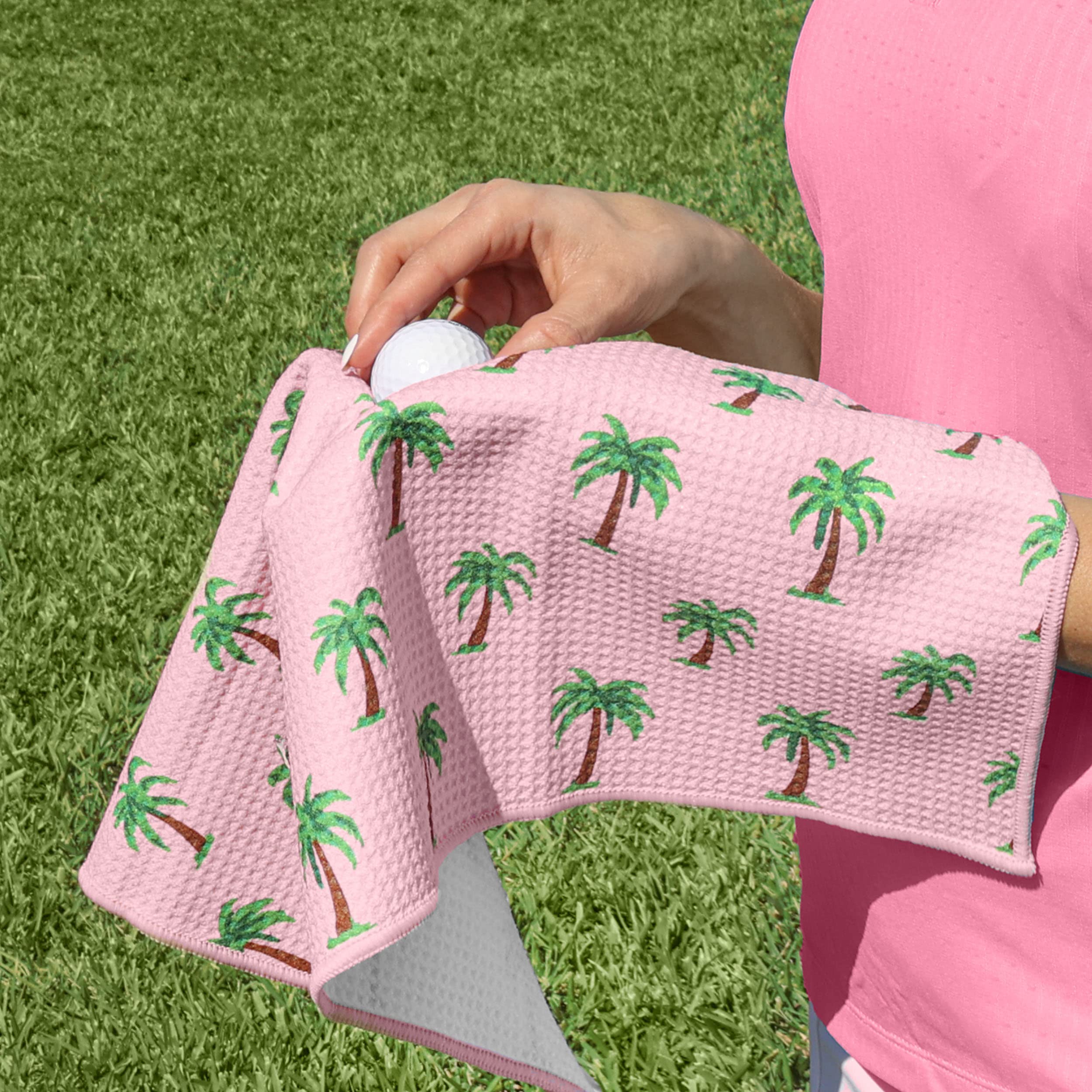 Playing It Forward Pink Palm Trees Golf Towel with Clip for Women and Men  Microfiber Waffle and Ball Towels  Set of 2