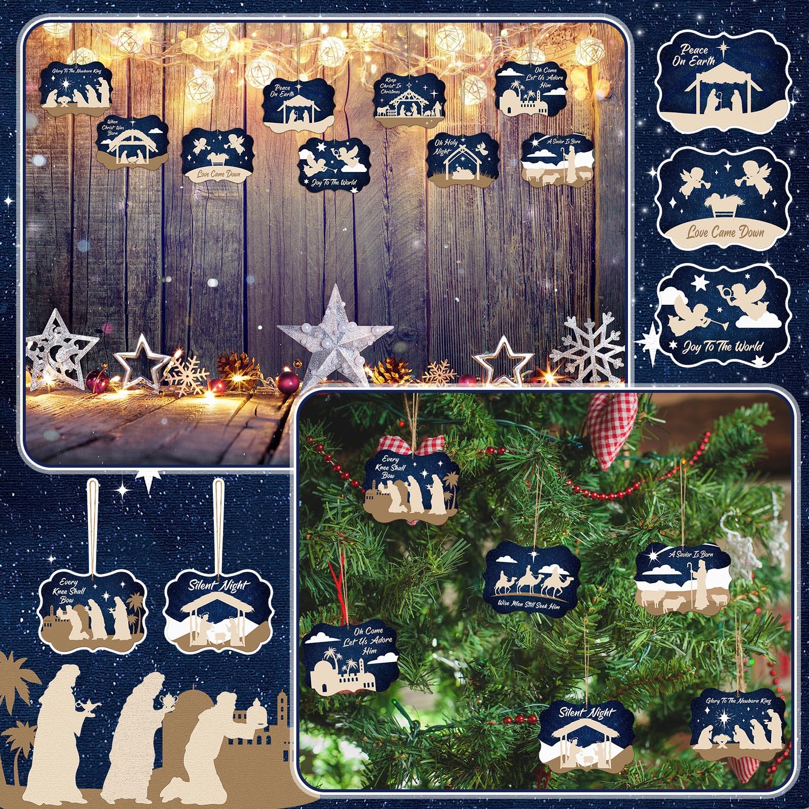 Soaoo 60 Pcs Nativity Scene Christmas Tree Ornament Christian Religious Ornaments Bulk Round Nativity Xmas Tree Hanging Wooden D